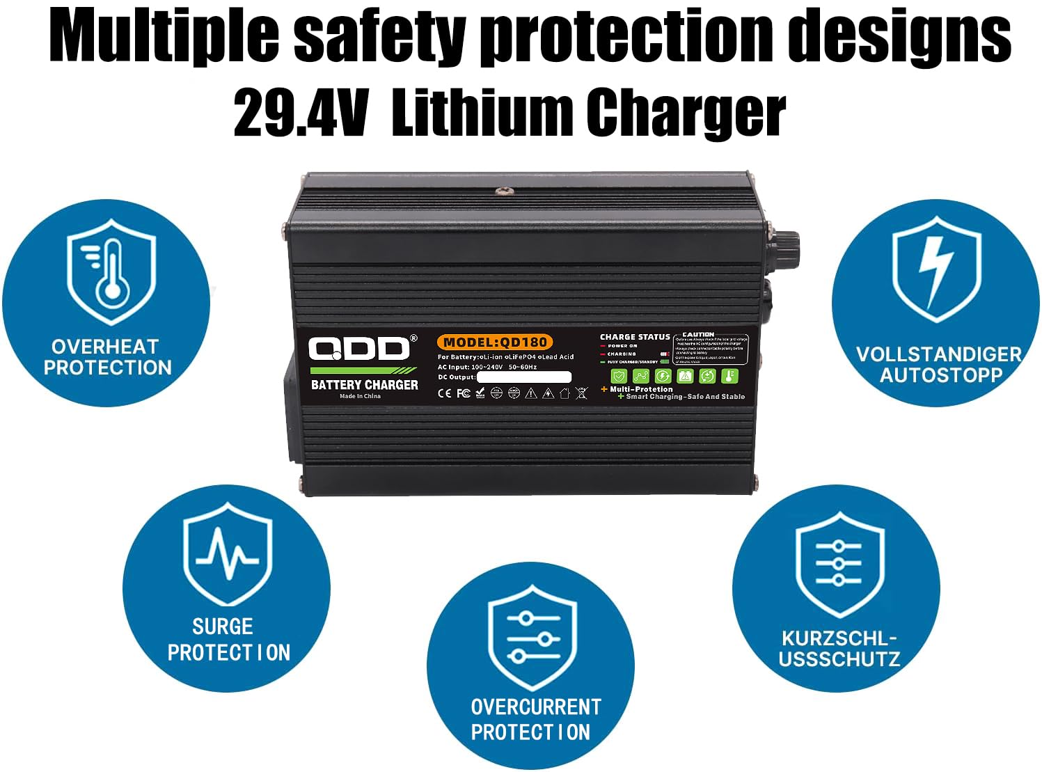 QDD Cargador de batería de litio de 29,4 V 4 A para 7S 24 V 25,9 V con salida de ventilador de refrigeración con conector XLR de 3 pines