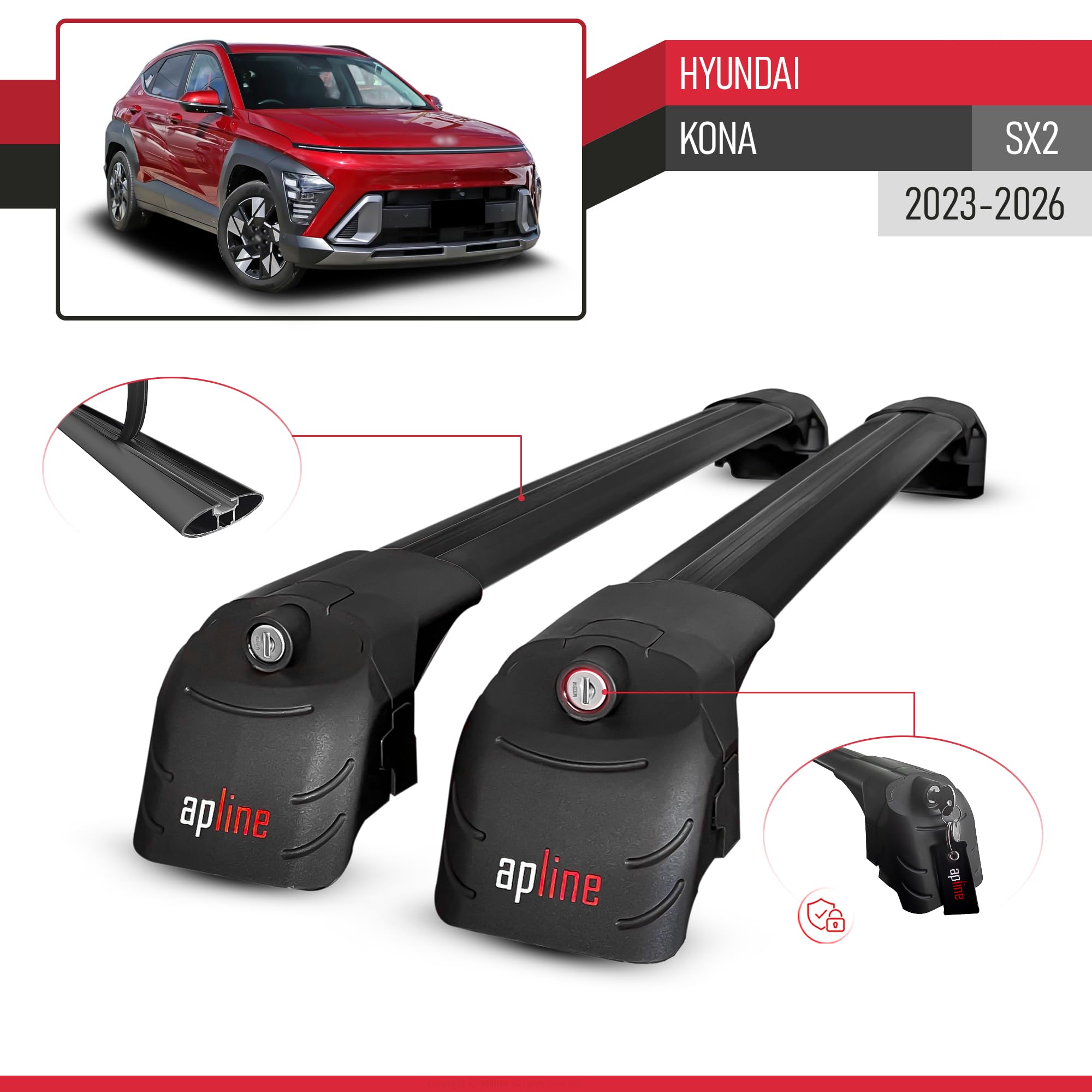 Compatibile con Hyundai Kona (SX2) 2023-2026 Modello ACE-2 Barre Tetto Portapacchi Auto Barre Portatutto Nero Alluminio 2 Barre