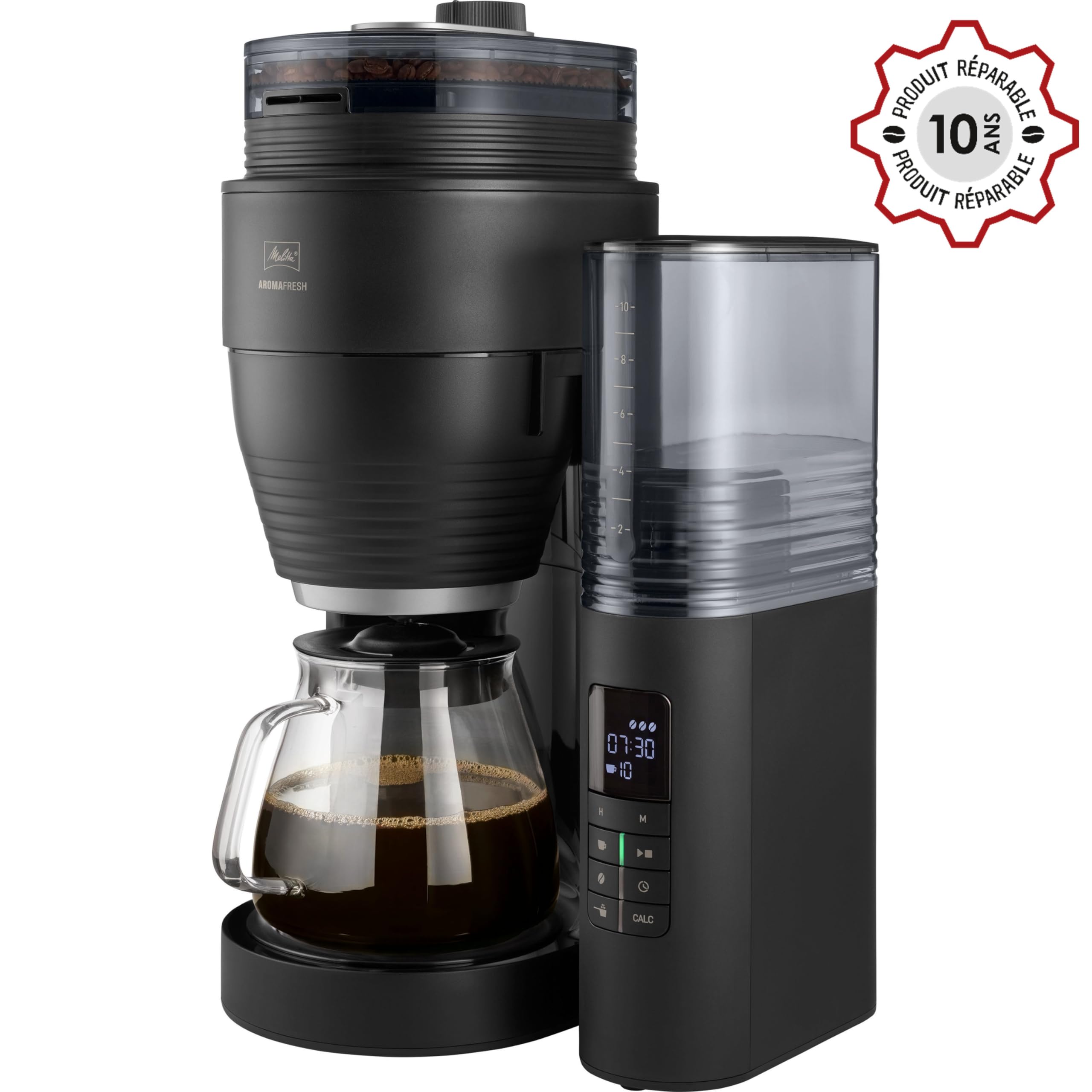 Melitta Cafetière à Filtre AromaFresh Glass Basic X Noire, avec Moulin à grains en Céramique Intégré, Fonction Minuteur, capacité 10 tasses, modèle 1030-06