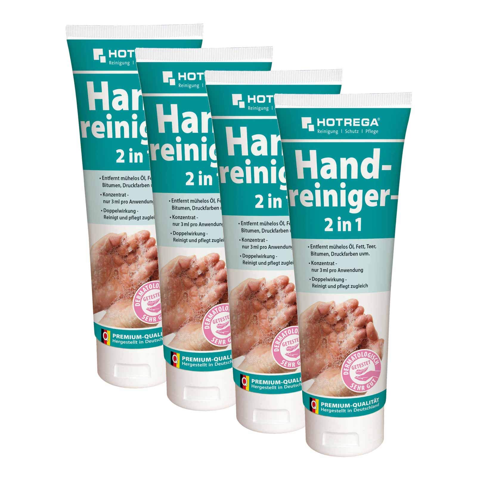 HOTREGA Handreiniger 2in1 4x 250ml | Profi Handwaschpaste mit Rückfettung | Hautschonend gegen Öl & Fett | Natürliches Reibemittel aus Maismehl | pH-hautneutral & ohne Mikroplastik | 1000ml Vorrat