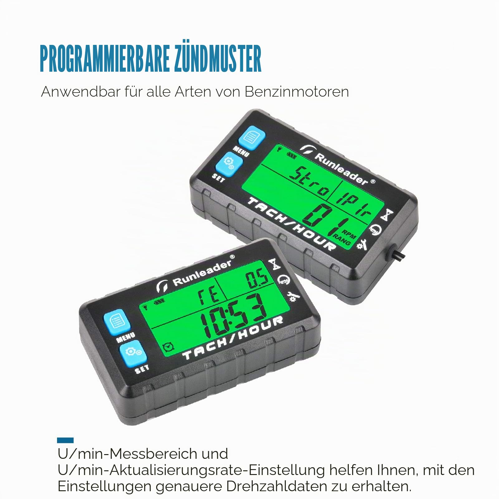 Runleader Betriebsstundenzähler Drehzahlmesser,Wartungsstundenzähler,Alarm-RPM-Erinnerung, mehrfarbiges Display mit Hintergrundbeleuchtung,Anfangsstunden einstellbar,Wasserdicht Blau
