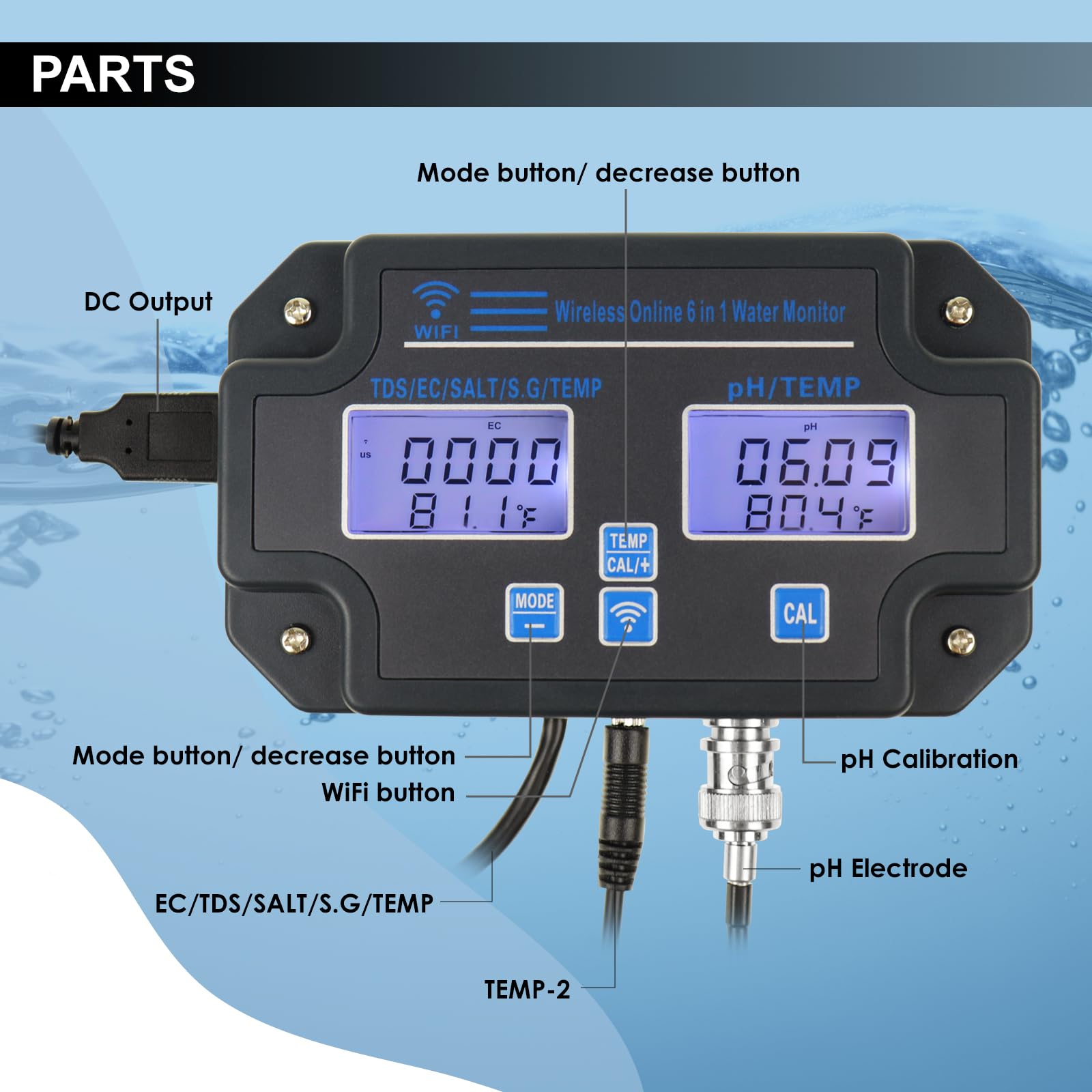 6-in-1 Smart Water Quality Tester – WiFi/App Monitor für pH, EC, TDS, Temp, SG & Salz Echtzeit-Alarme Ideal für Hydroponik, Aquarien, Pools & Trinkwasser