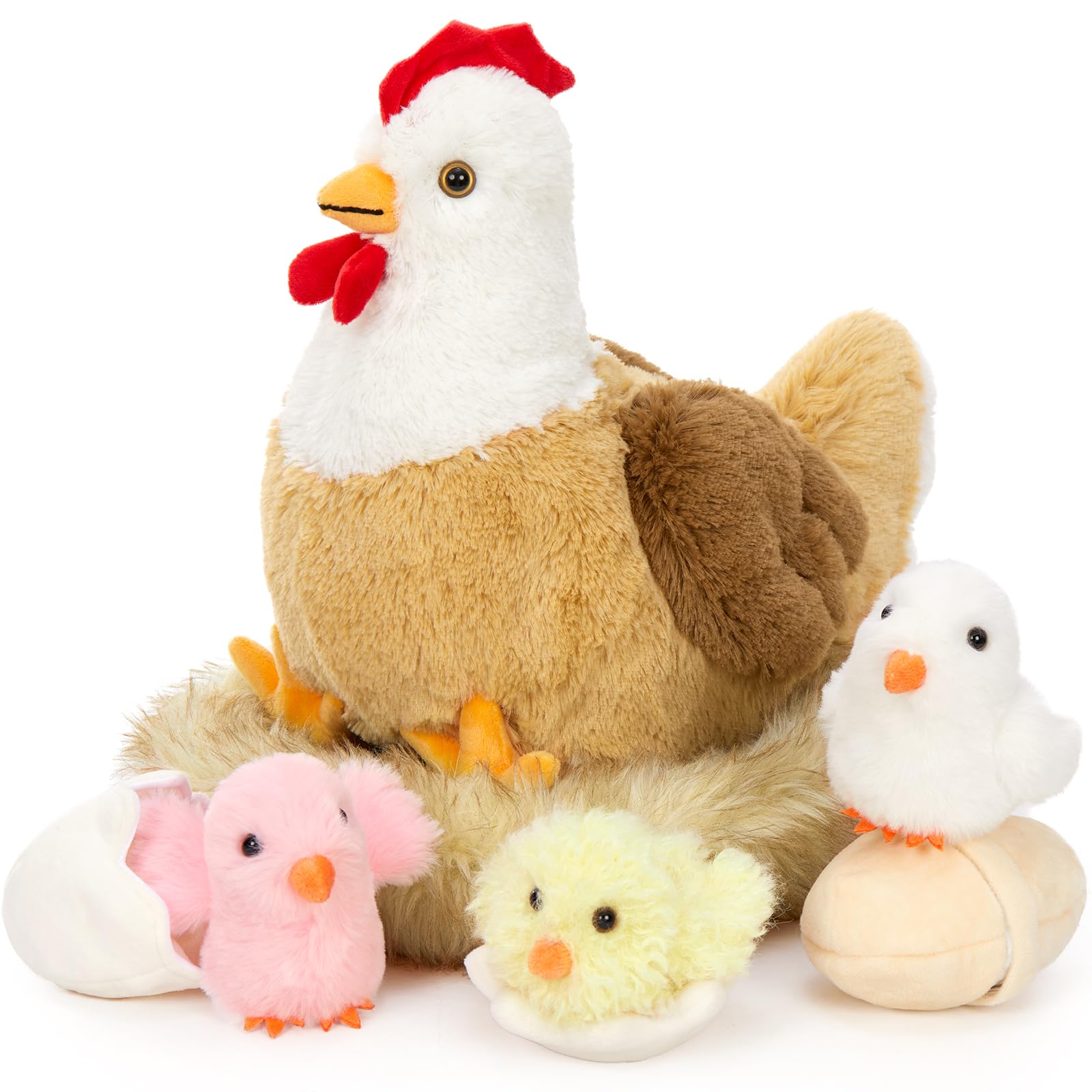 MorisMos Peluche a forma di gallina, 36 cm, con pulcini coccolosi all'interno, peluche a forma di gallina che giace a uova, peluche Kawaii soffice, regalo per bambini, decorazione di compleanno