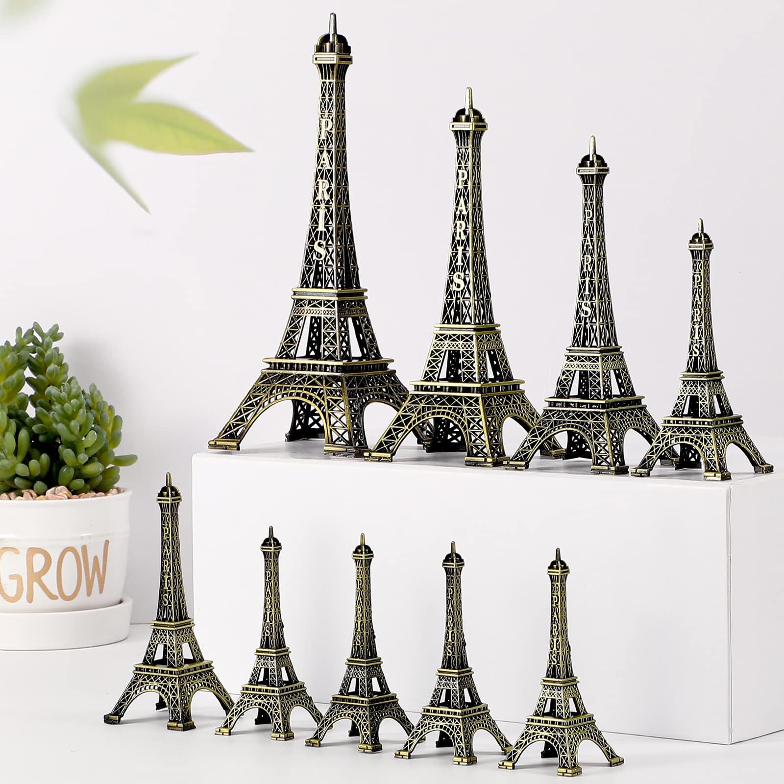 9 Pcs Eiffel Tower Statue Decor Alloy Metal Paris Tower Party Decoration 5 Size Eiffel Decor French Table Stand Holder Gift for Cake Topper Collectible Figurine Replica Home(Bronze)