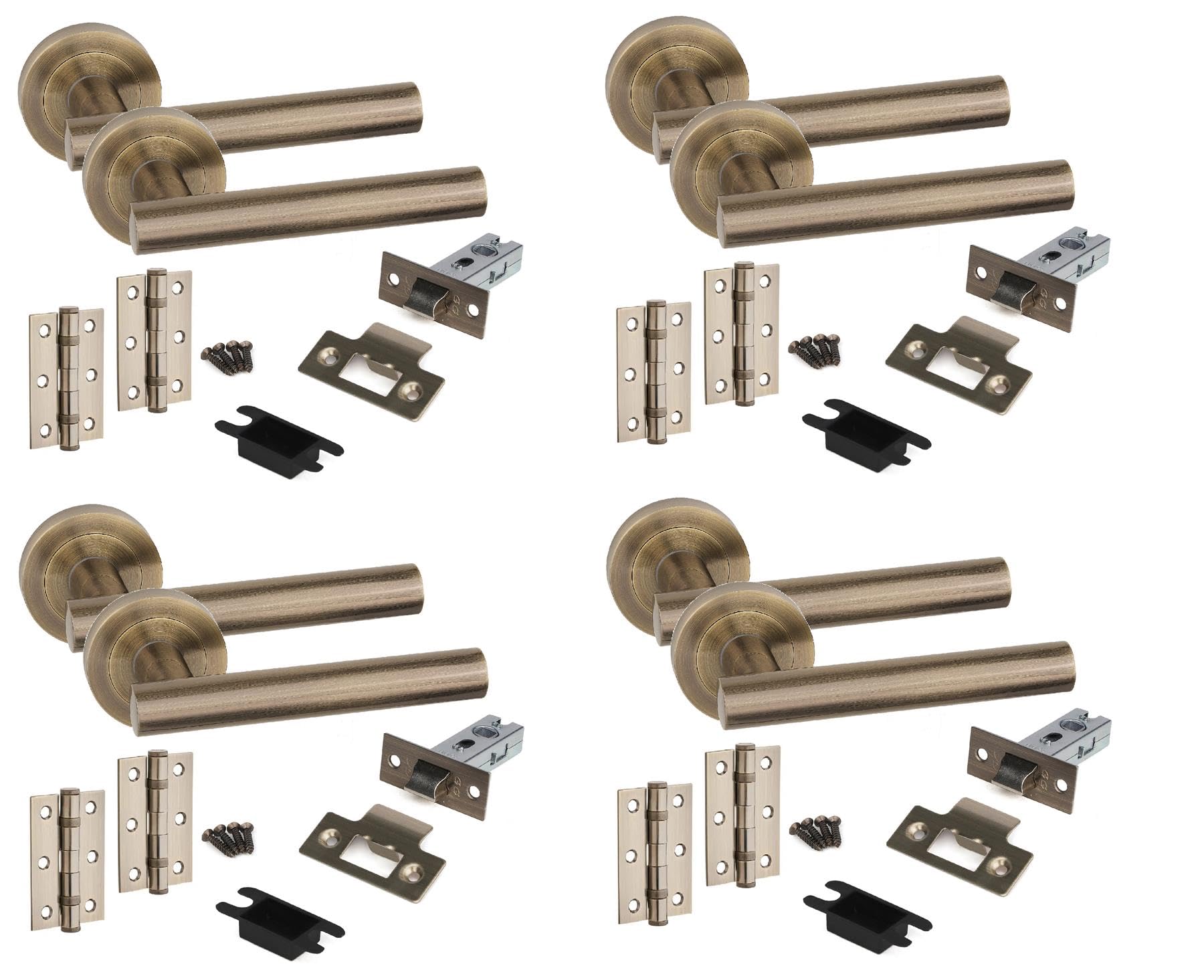 Golden Grace 4 Set Straight T-Bar Design Door Handles with Tubular Latch and 1 Pair of 3" Ball Bearing Hinges Antique Brass Finish
