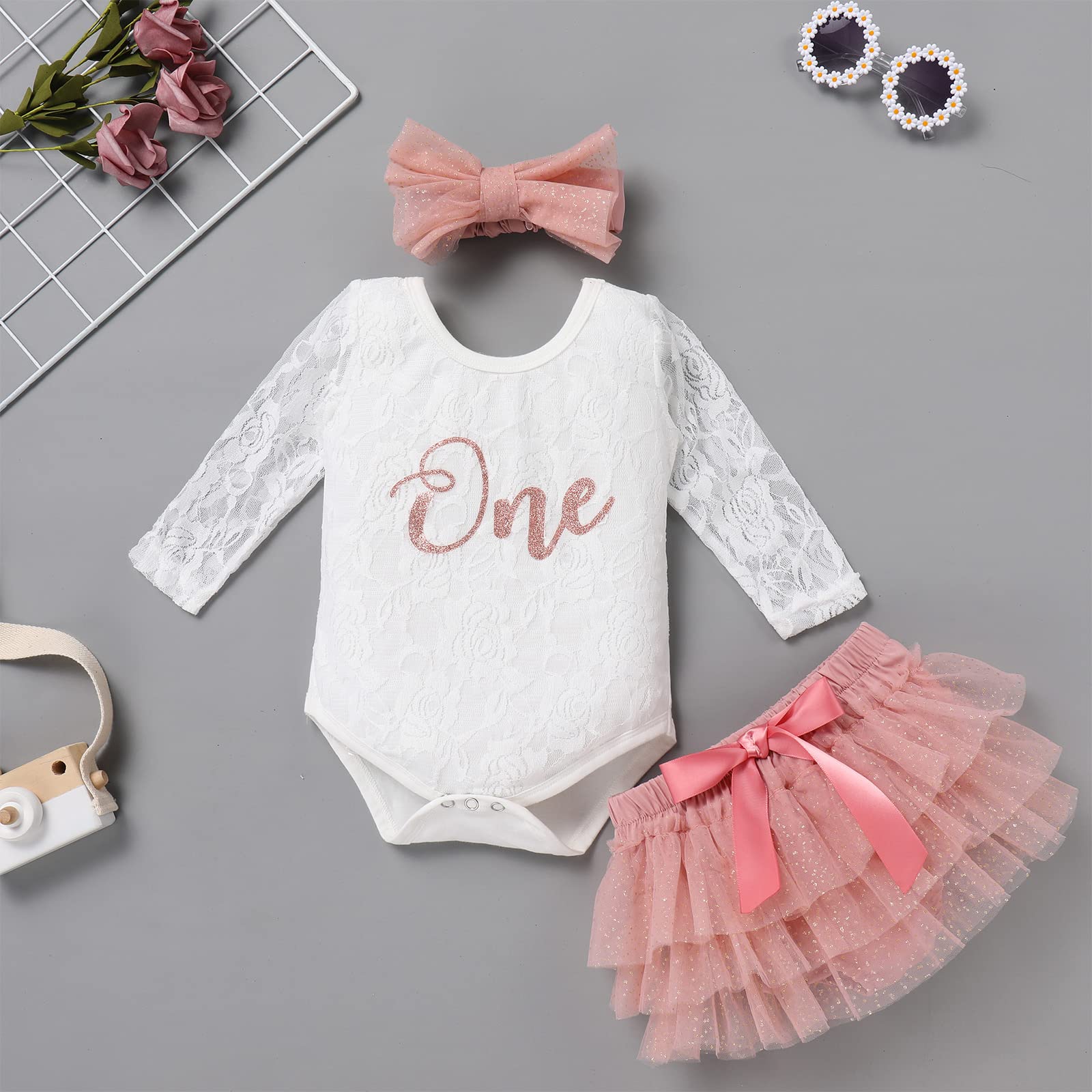 FYMNSI Baby Mädchen 1. Geburtstag Fotoshooting Outfit Spitze Langarm Body + Tütü Rock + Stirnband 3tlg Bekleidungsset