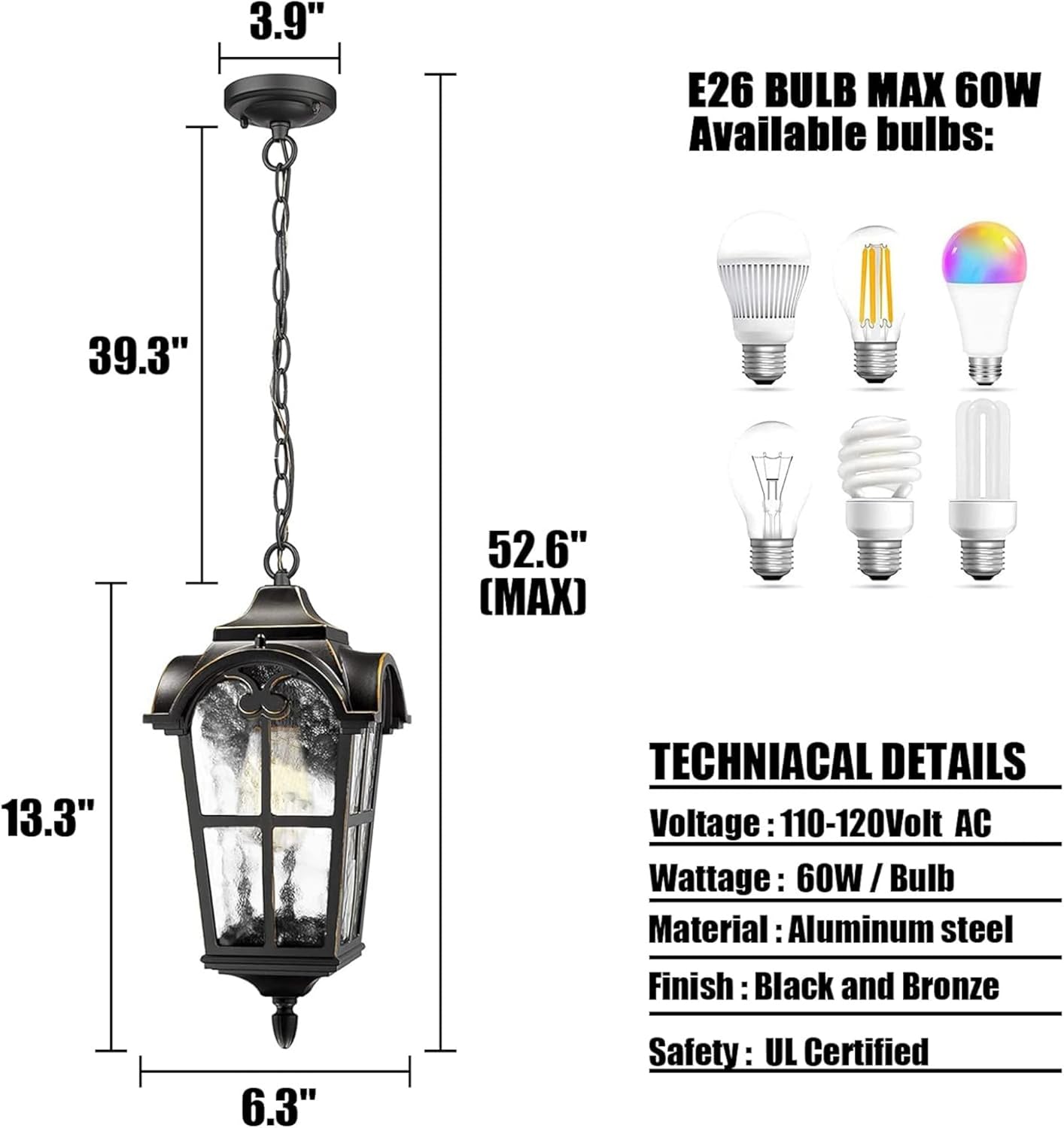 Hanging Porch Light Outdoor Pendant Light Fixture Vintage Exterior Hanging Lantern with Clear Hammered Glass, Dark Bronze Finish,IP44 Waterproof, 0228-PF-AC (6.3" x 13.3")