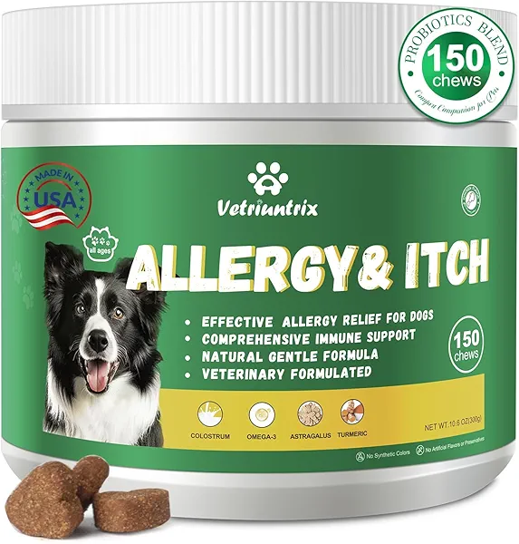 Vetriuntrix Dog Allergy Relief Chews, Dog Itch Relief Chews for Large Dogs Paw Licking Itchy Skin Seasonal Allergies, Probiotics with Astragalus Omega-3 for Coat Immune Supplement-150ct