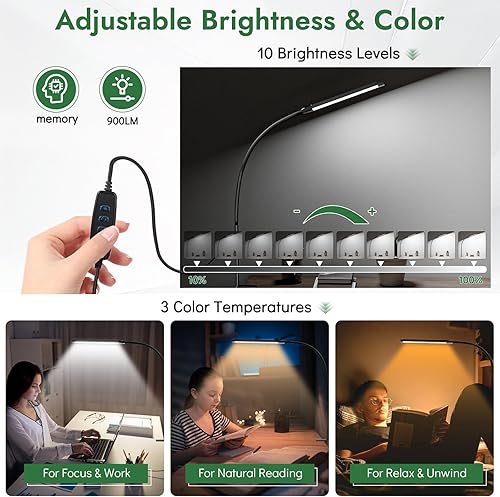 Miniatura 4 de Lámpara de escritorio con abrazadera, luz LED con clip para cuidado de los ojos, brazo flexible de 27 pulgadas de alto, 3 modos de color, 10 brillo,