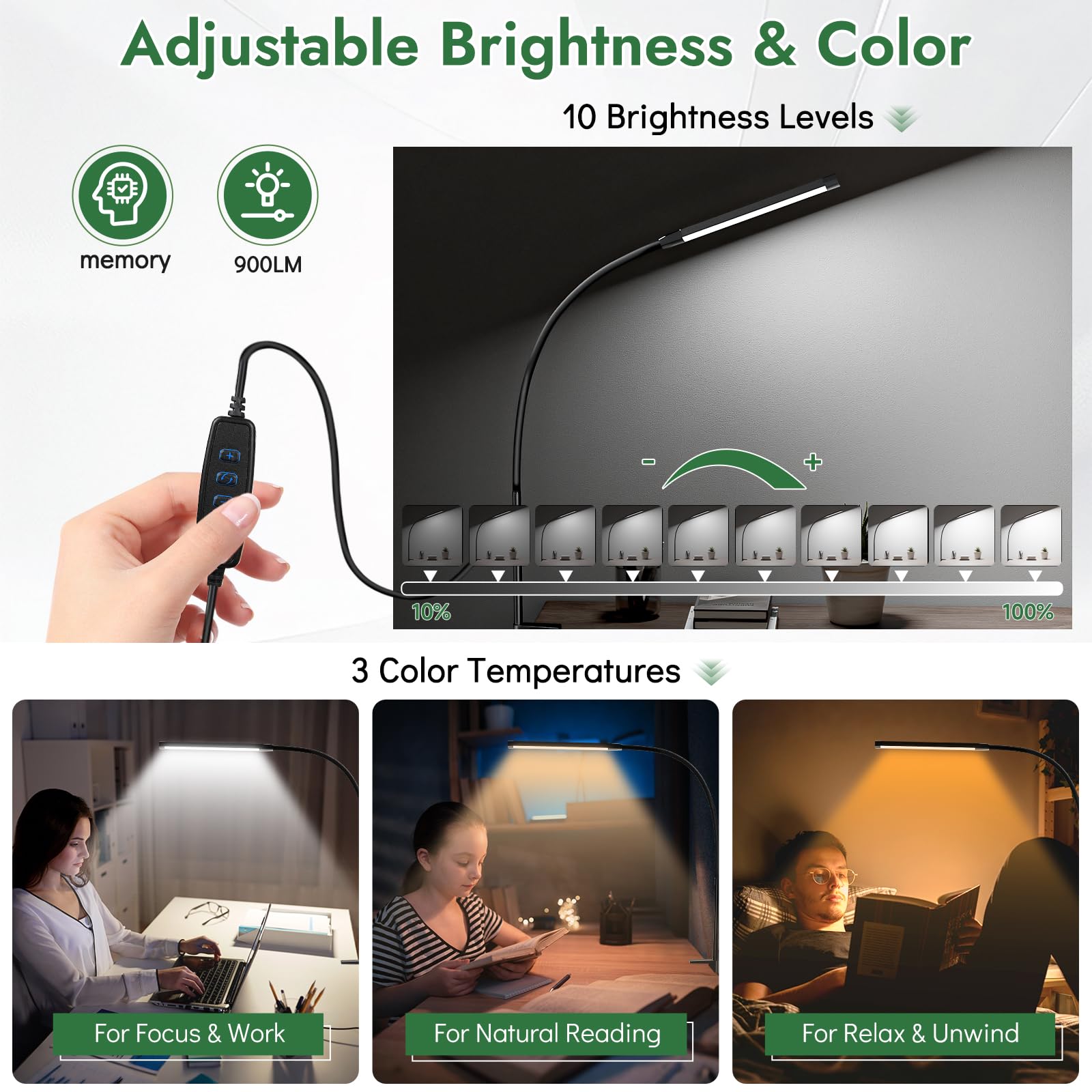 Lampe de bureau avec pince, lampe LED à clip pour soin des yeux, bras flexible de 68,6 cm de haut, 3 modes de couleur, 10 luminosités, lampe de travail alimentée par USB pour la lecture, les
