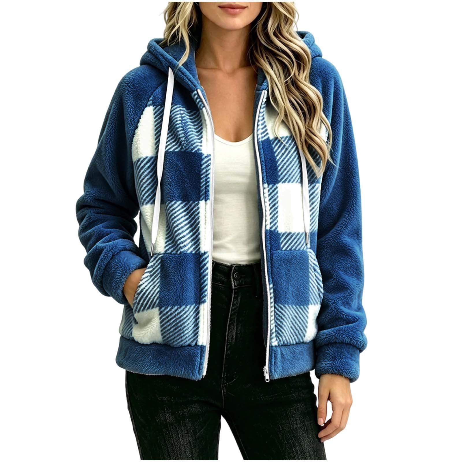 Winterjacke Damen Warm Teddyjacke Mit Kapuze Taschen Fleecejacke Kariert