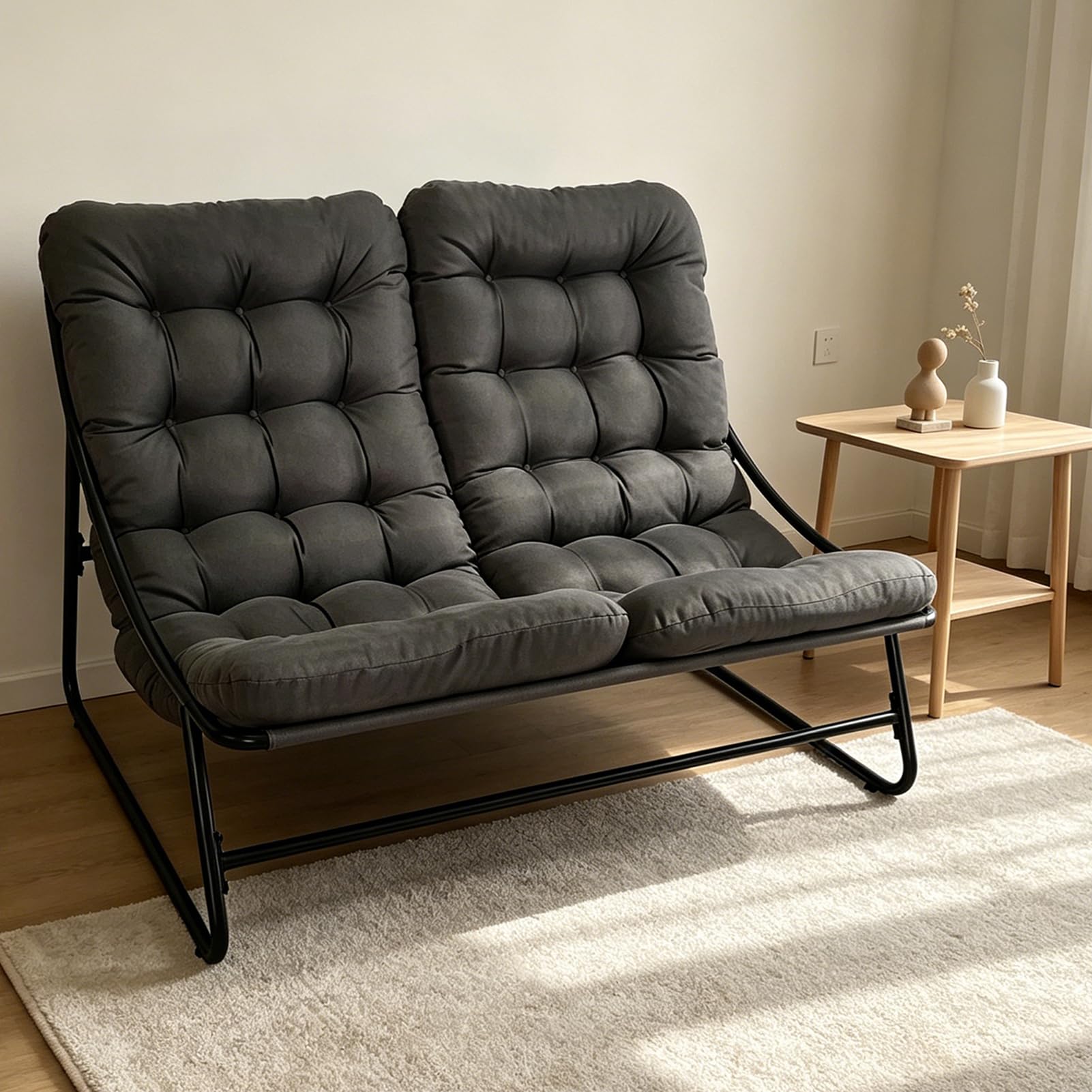 Gartenliege 2 Personen Metall, Doppelliege Outdoor 2 Personen mit Dicker Abnehmbares Gepolsterter, Belastbarkeit bis 225kg, Relaxliege für Garten, Wohnzimmer, Terrasse (Schwarz)