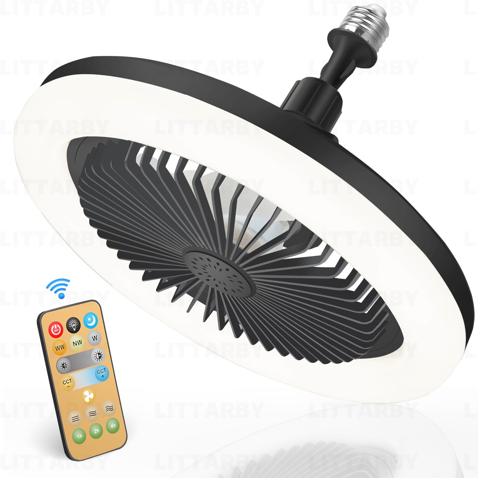 Socket Fan Light with Remote Control, 3 Colors 3000K-6500K Dimmable LED Light Bulb Fan Screw in Ceiling Fan for Bedroom, Kitchen, Storage Room, Closet, Wireless Small Ceiling Fans with Lights - Black