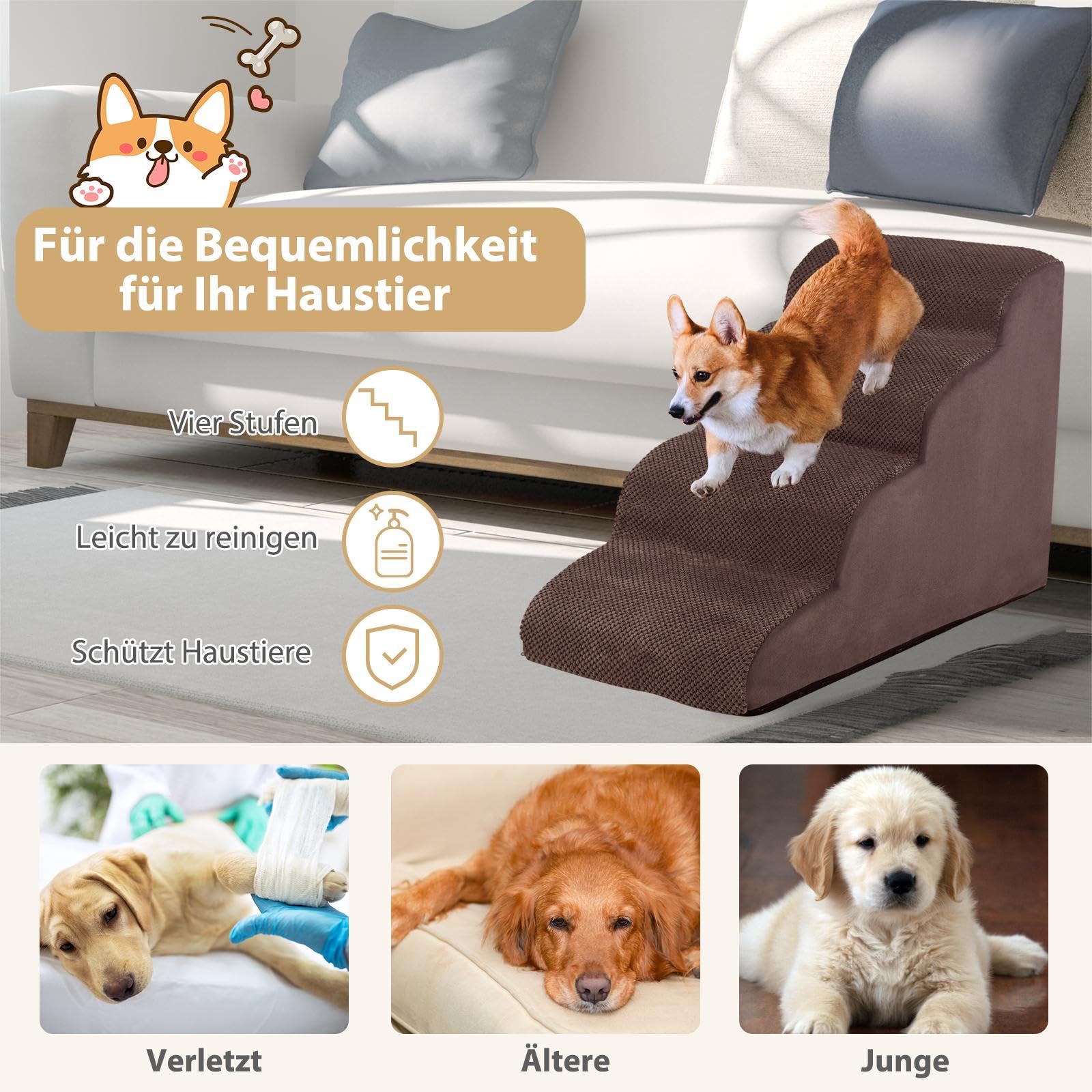 SOARS Scaletta per Cani a 4 Gradini in Spugna, Rampa per Animali Copertura Rimovibile e Lavabile Antiscivolo con Spazzola, Scala per Divano e Letto, per Cuccioli e Anziani, 72 x 41 x 51 cm (Marrone)