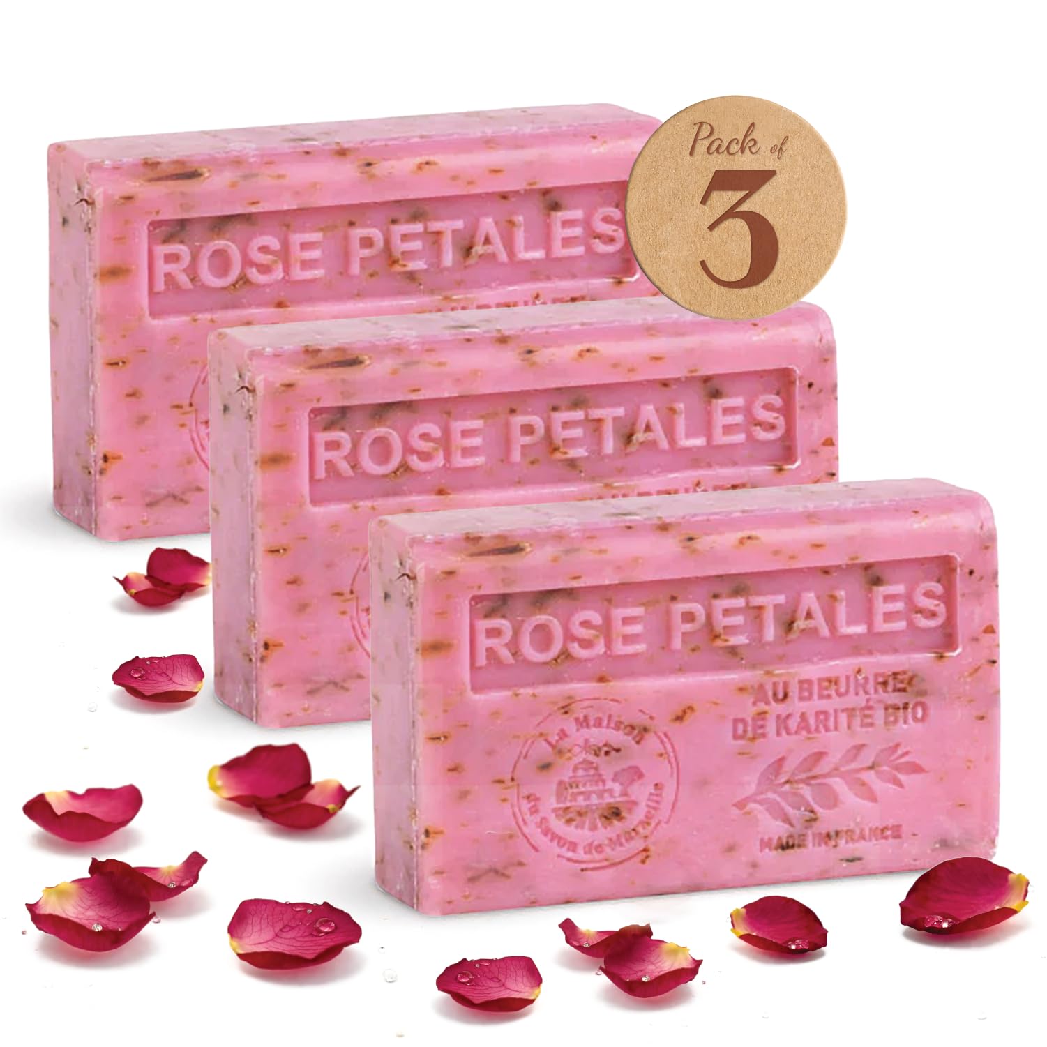 Hand & Body Soap Bars Trio - Exfoliating Rose Moisturizing French Soap with Organic Shea Butter - Rich Creamy Lather - 97% Natural Ingredients - Solid Bath Cleanser Made in Provence - 3x4.4 oz