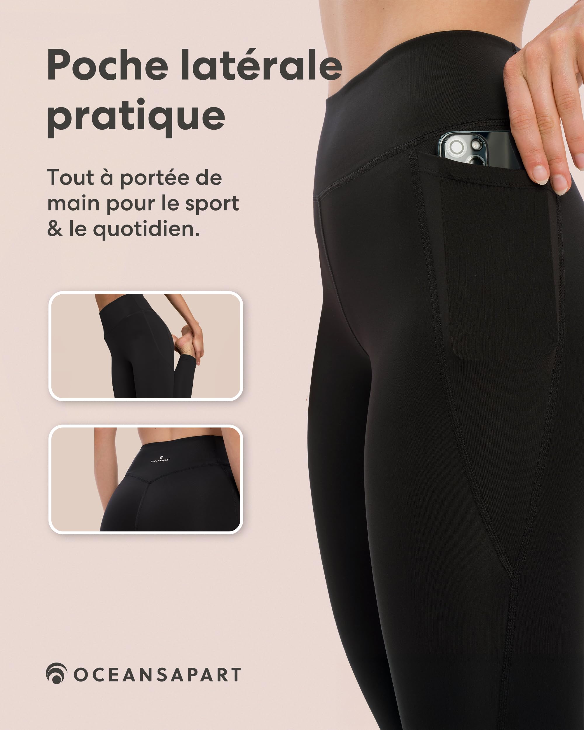 Oceansapart Soho Legging de Sport Femme avec Poches Latérales Taille Haute pour Running, Yoga et Salle - Legging Sport Femme Respirant en Tissu Technique Gainant Taille XS-XXL