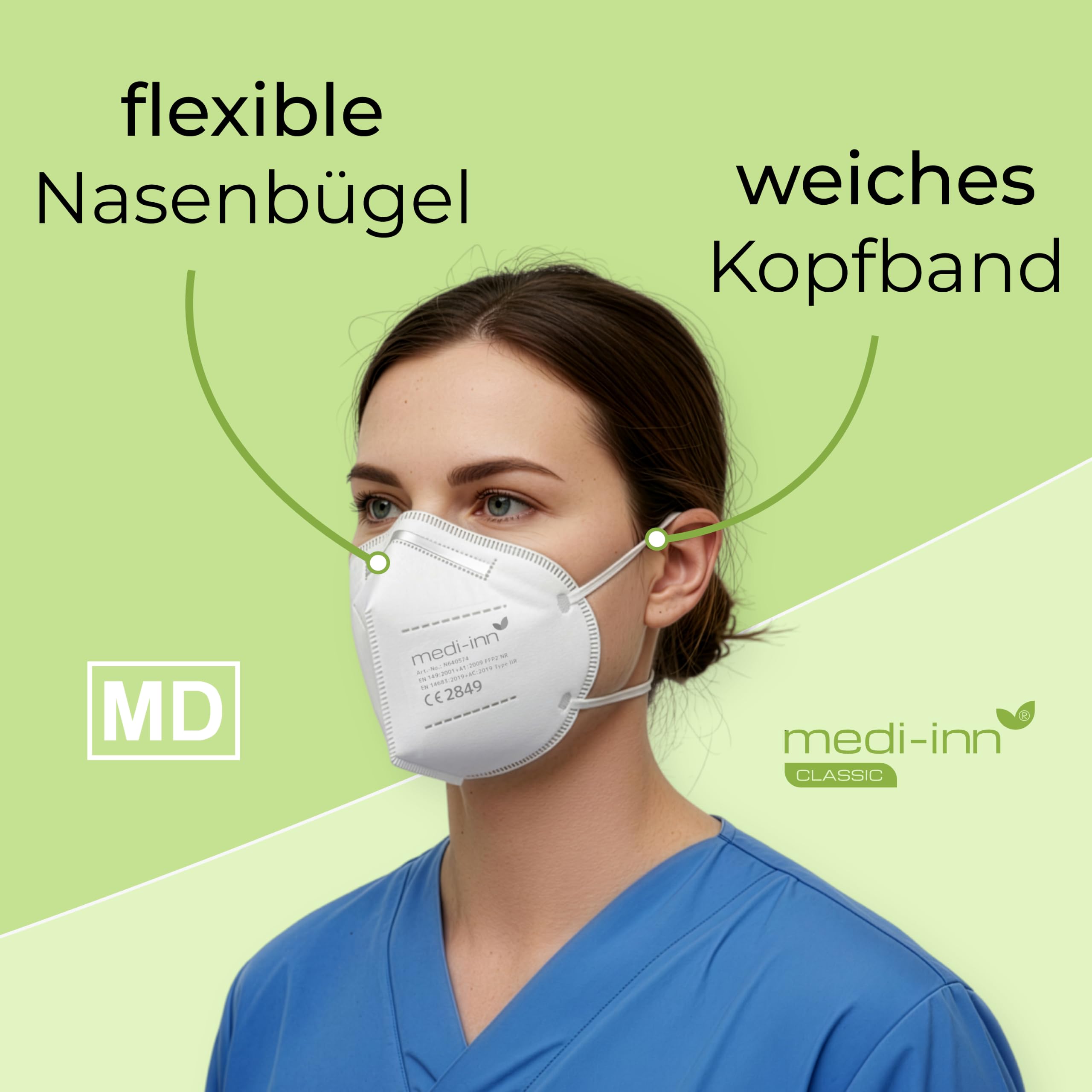 Medi-Inn+ Atemschutzmasken FFP2 NR, Typ IIR, 3-lagig, weiß (10 x 50 = 500 Stück)