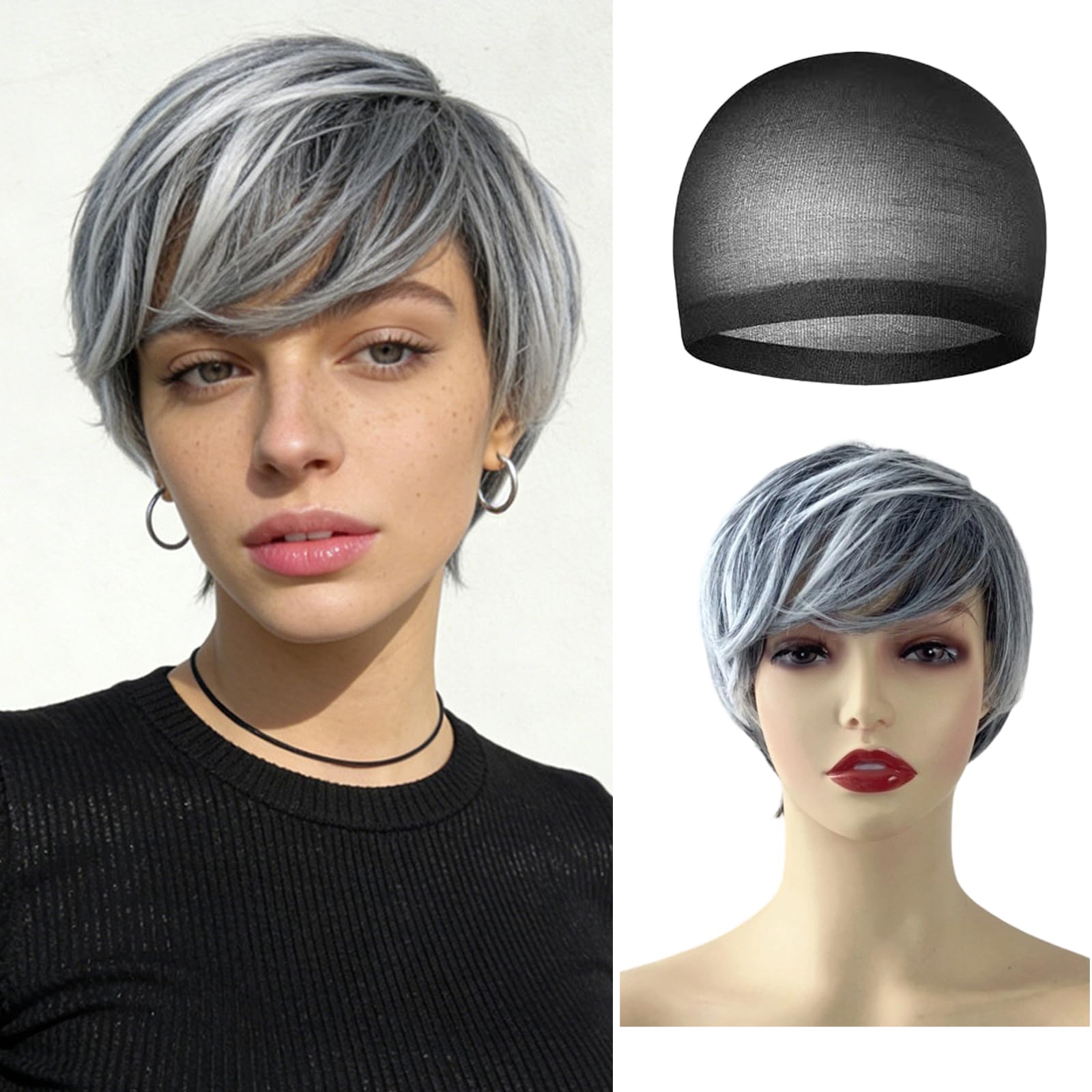 Parrucca Corta Taglio Pixie, Parrucche Donna Corte con Frangia, Parrucca in Capelli Sintetici Grigio per Uso Quotidiano e Feste, con Cuffia per Parrucca