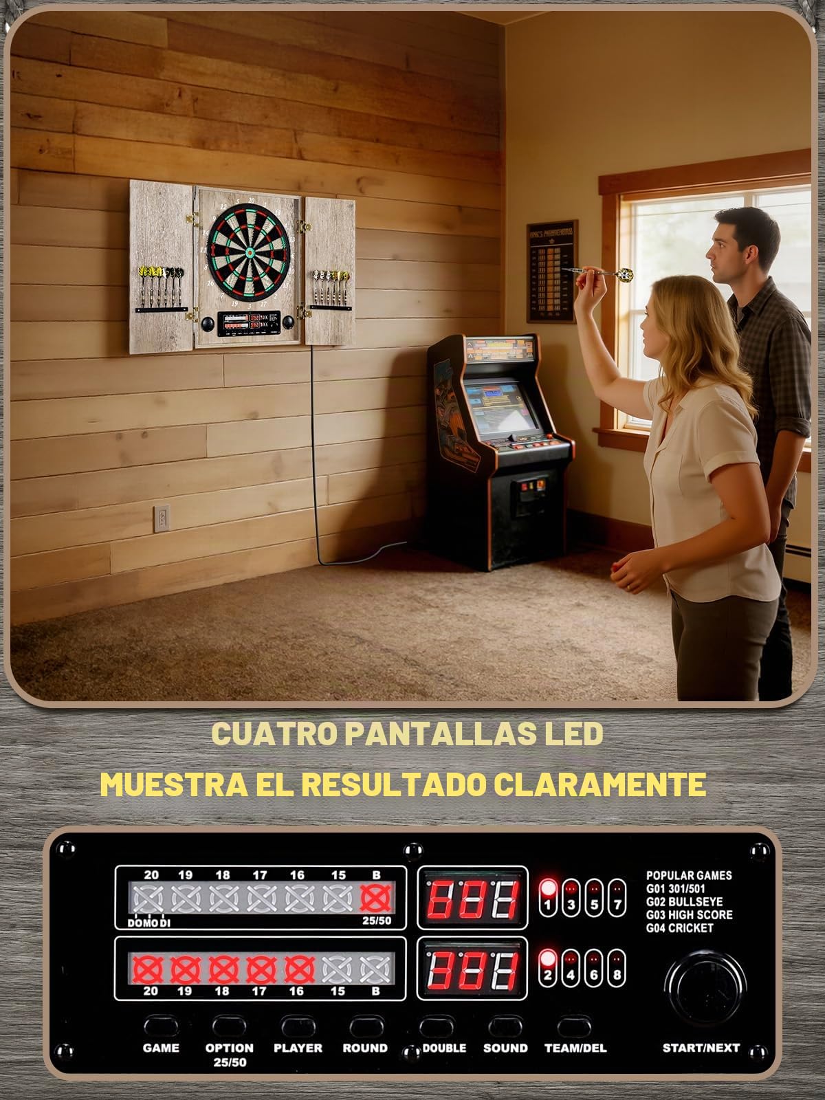 Diana Electronica, Dardos Diana Electronica [12 Dardos de Bronce][Modo de Juego Cricket], Diana Electronica Profesional, Puertas de Gabinete de Madera [Caja Vintage]