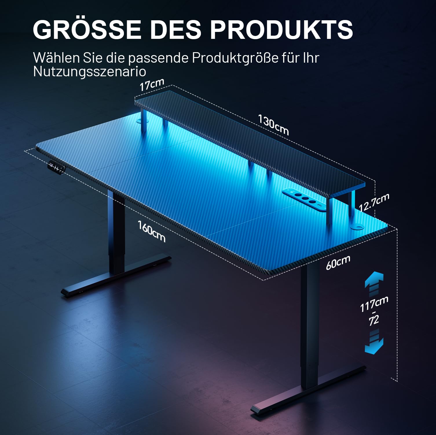 HLONONE Höhenverstellbarer Schreibtisch mit LED, 160 x 60 cm Gaming Tisch Höhenverstellbar mit 3 Steckdosen & 2 USB, Elektrischer Schreibtisch mit Monitorständer & Funktions-Memory, Schwarz