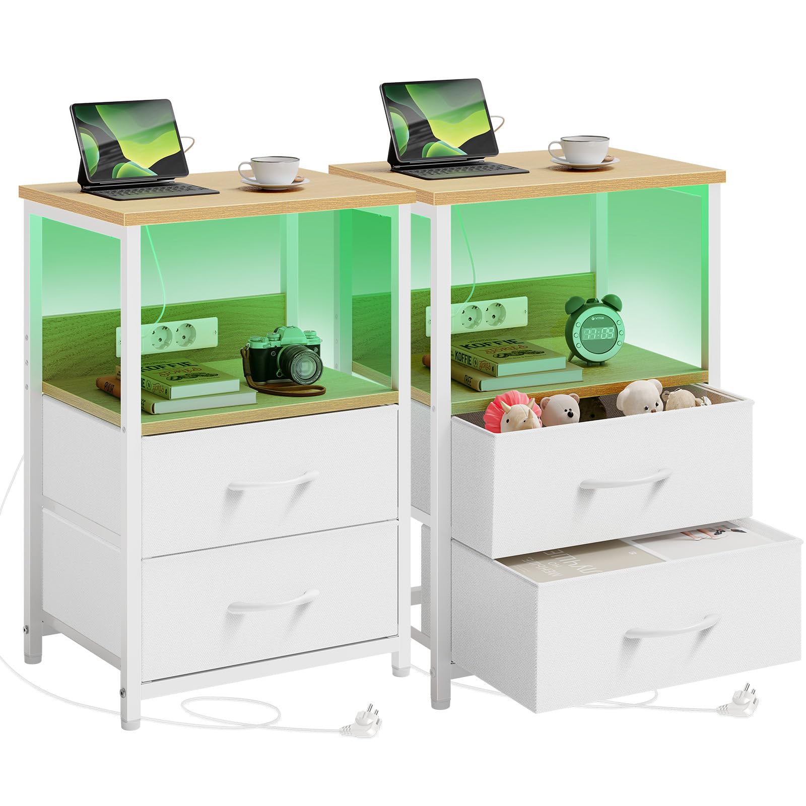 Seventable Table de Chevet avec Prise USB et 2 tiroirs - Table de Nuit connectée avec éclairage LED pour Chambre à Coucher, Salon ou canapé (Chêne Clair, Lot de 2)