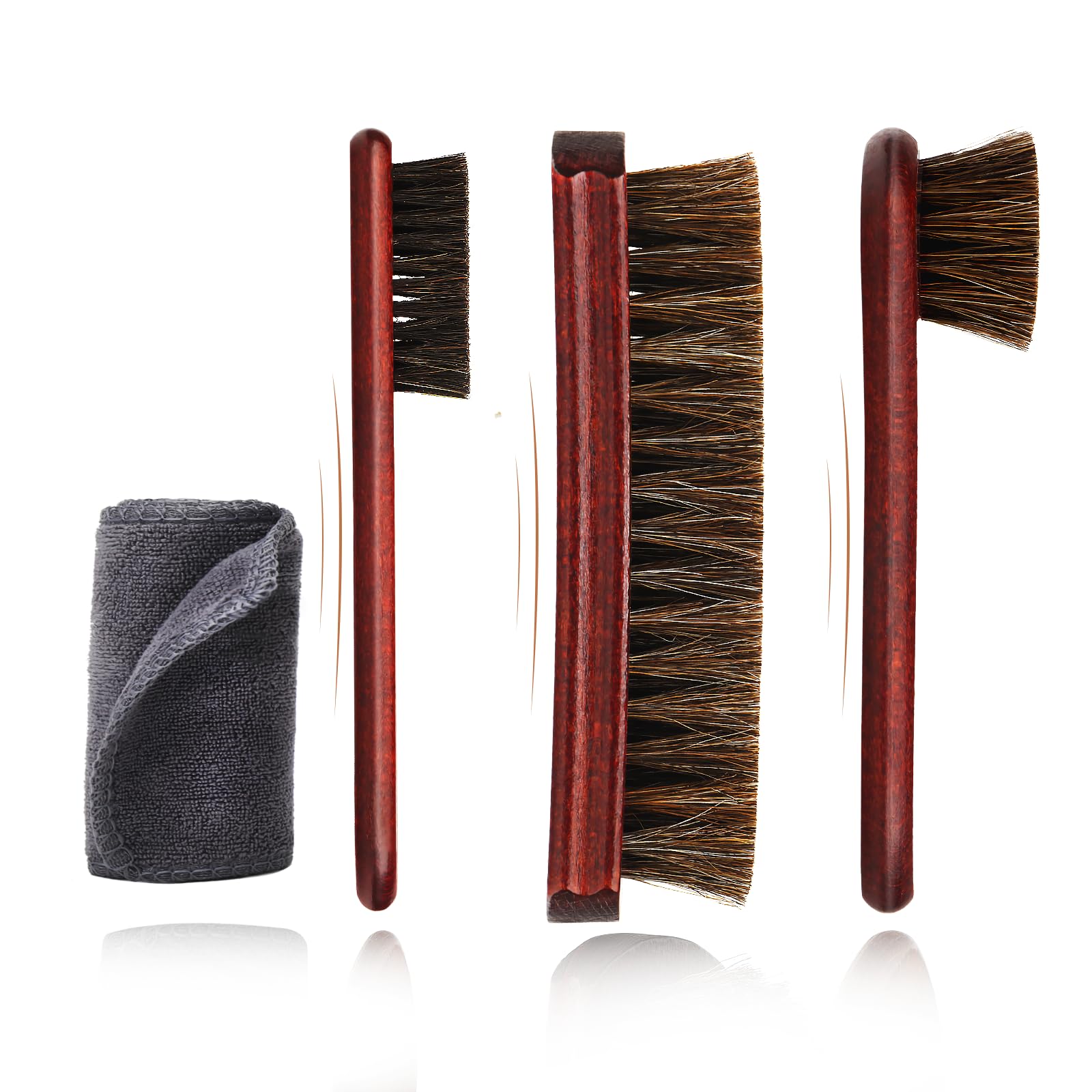 Kit 4 Pièces Brosse à Chaussures 100% CRIN de Cheval Set Entretien Cuir Bois de Hêtre Nettoyage Daim Sneakers Bottes Brosse à Luire Applicateur Chiffon Polissage Doux Naturel Cadeau Homme Coffret