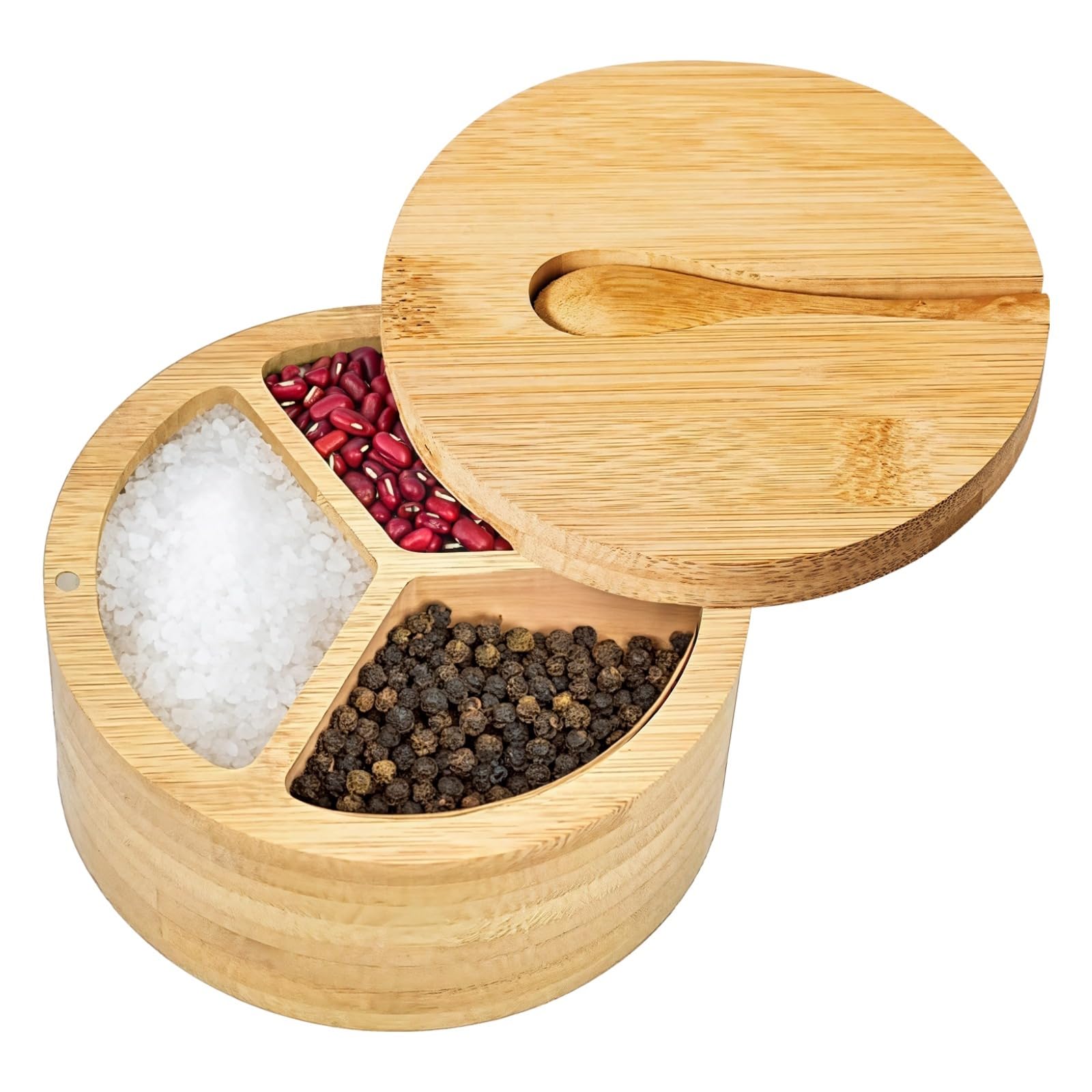 Packool Wood Color Salt And Pepper Cellar, Spice Condiment Holder With Spoon And Adsorptive Lid, 3-Compartment Wooden Salt And Pepper Box, 4.7 Inches Wooden Kitchen Storage Holder