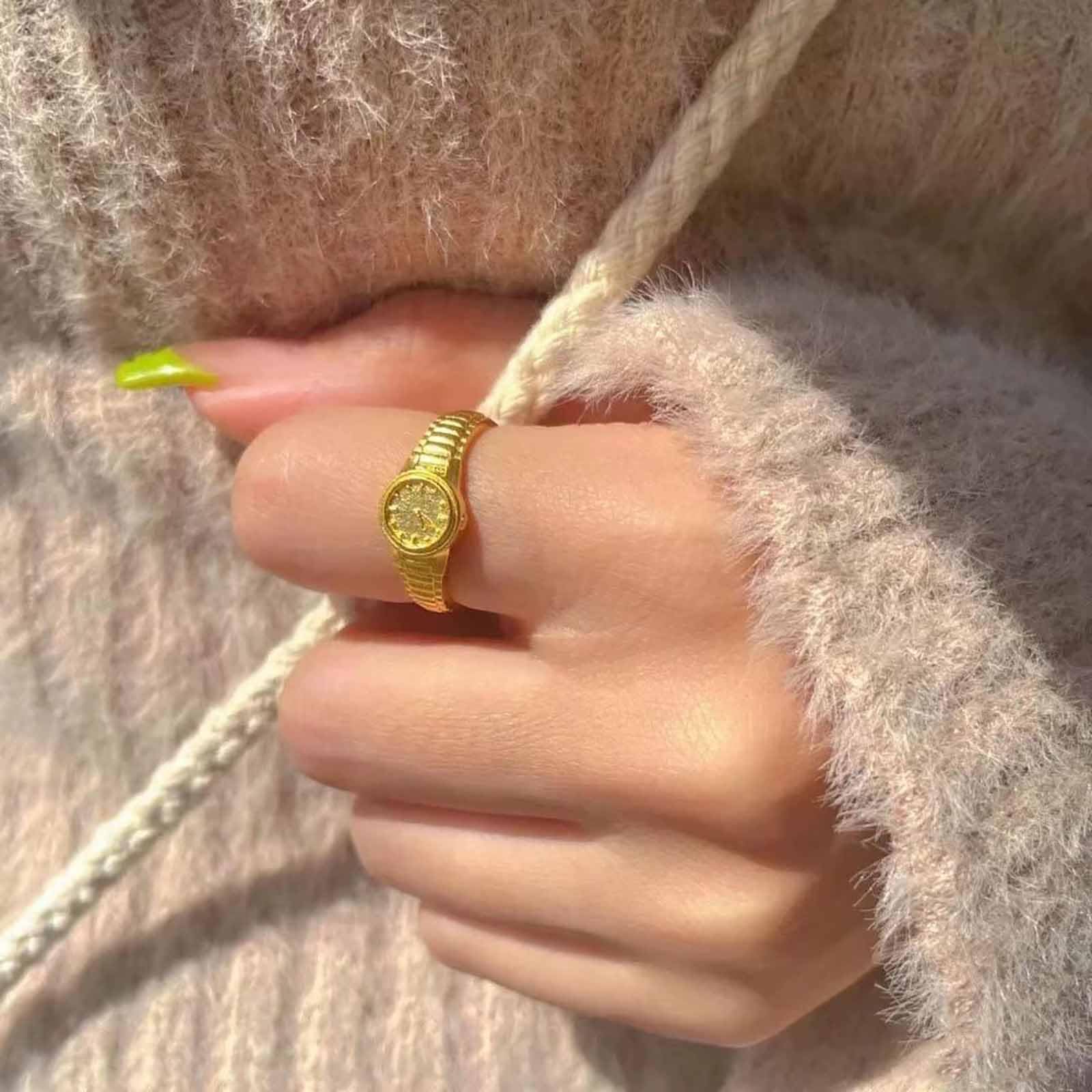 Boho Reloj Dedo Anillo De Oro - Anillo Abierto Nudillo Vintage - Faux Reloj - Envoltura Ajustable - Apilamiento De Joyería Para Las Mujeres
