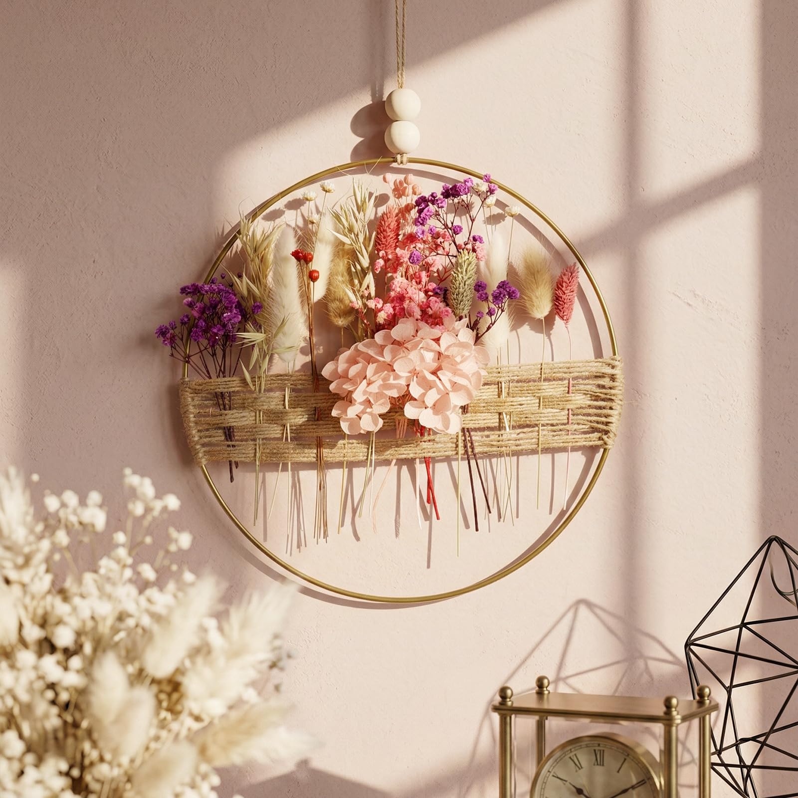 Ghirlanda di fiori secchi, 25 x 25 cm, decorazione fai da te naturale, ghirlanda di fiori secchi, ghirlanda primaverile estiva, decorazione per la casa, decorazione per la porta