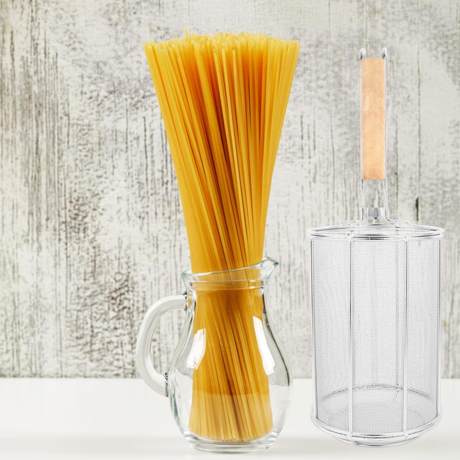 iplusmile Colador de Acero Inoxidable Utensilio de Cocina Resistente y Práctico con Mango de Madera para Filtrar Alimentos y Freír para Espaguetis