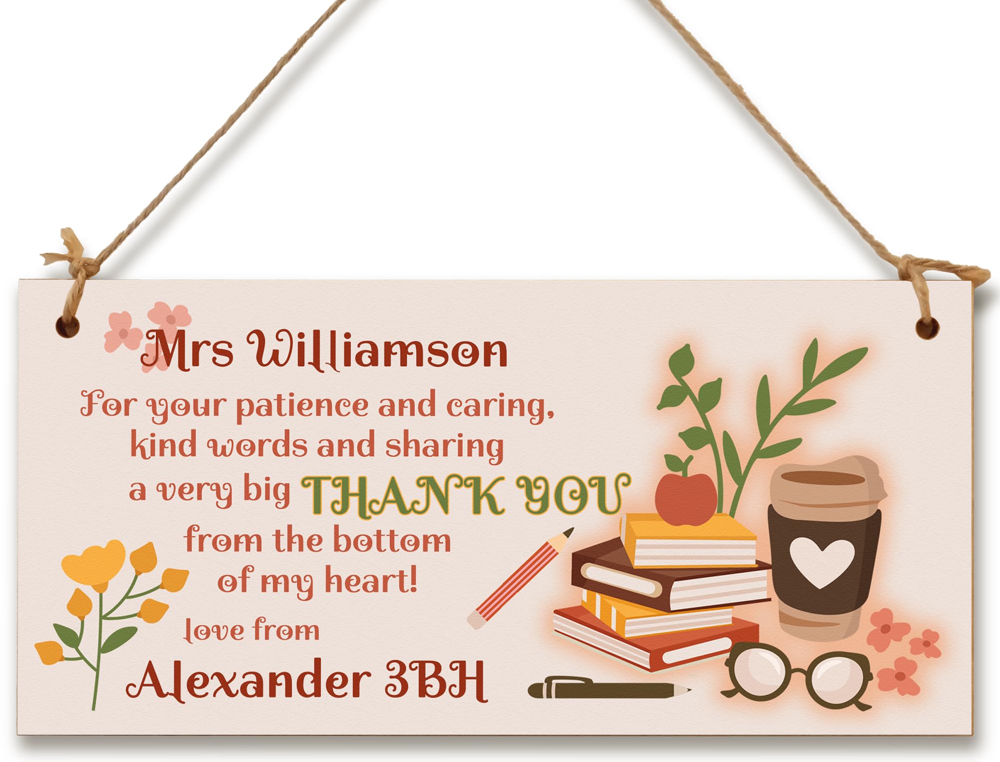 The Plum Penguin Multicolour Personalised Thank You For Patience Caring Retro Style Handmade Wooden Hanging Plaque Gift Teacher Teaching Assistant End Of Term