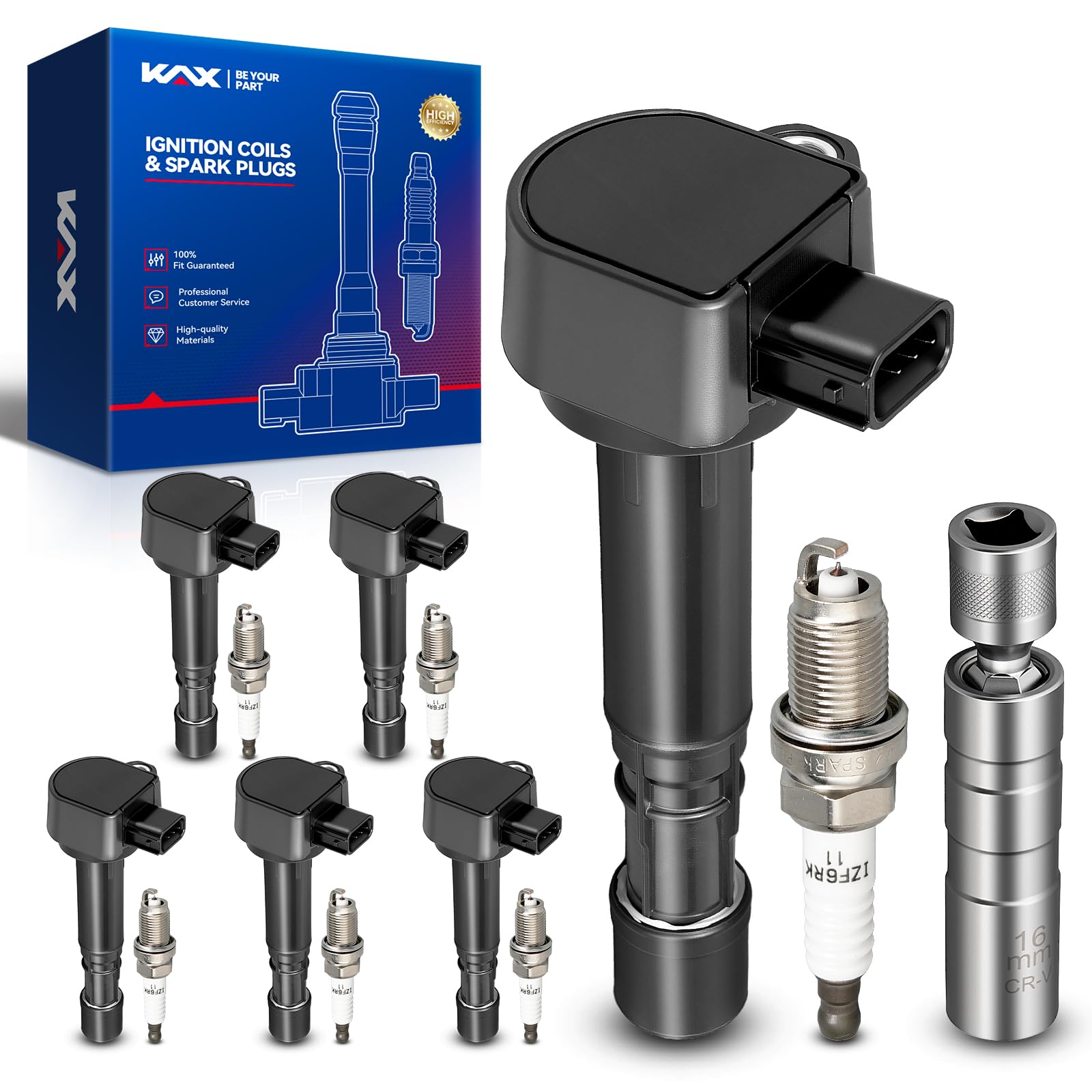 KAX 6 Ignition Coils &amp; 6 Spark Plugs Set for Pilot, Ridgeline, MDX, Vue
