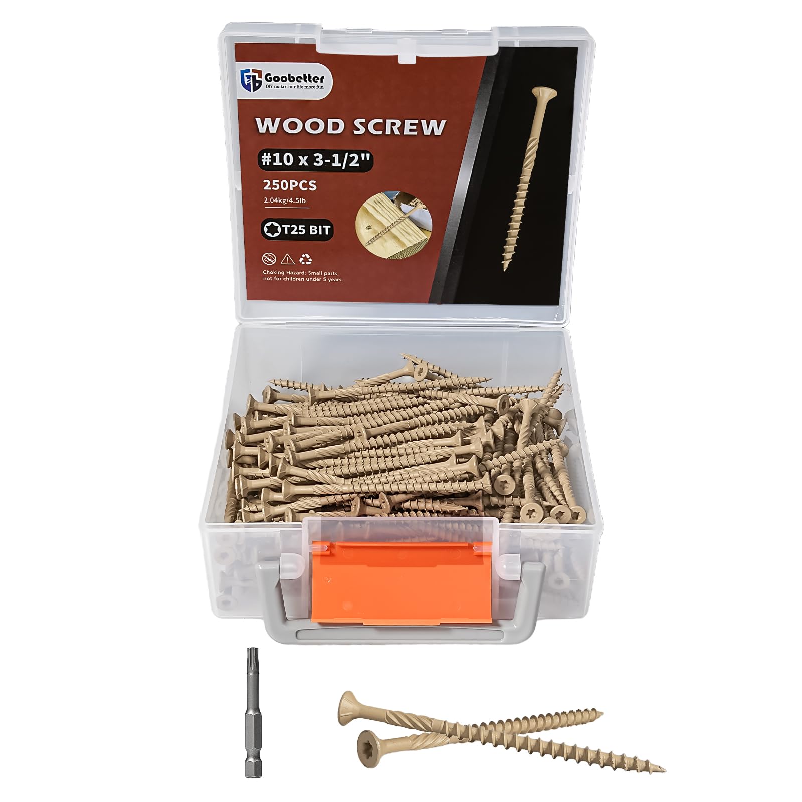Goobetter Wood Screws Deck Screws #10x3-1/2, 250 Pcs Torx Structural Screws, Construction Exterior Wood Screws, Timber Screws for Fence Log