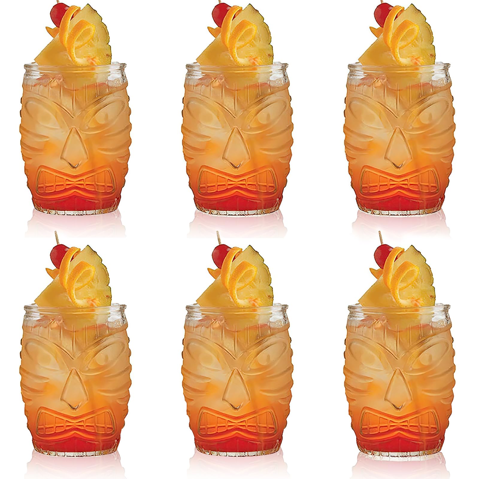 Juego de 6 vasos de cristal transparente Tiki (480 ml) – Copas de cóctel premium para mai tai, piña colada y ron – Hawaiian Luau Party Deko Bar vasos aptos para lavavajillas