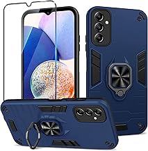 Samsung Galaxy A14 4G/5G Case with Tempered Glass, Military Grade Shockproof Protective Case, Cover with Metal Ring Holder, Compatible Car Holder, Blue