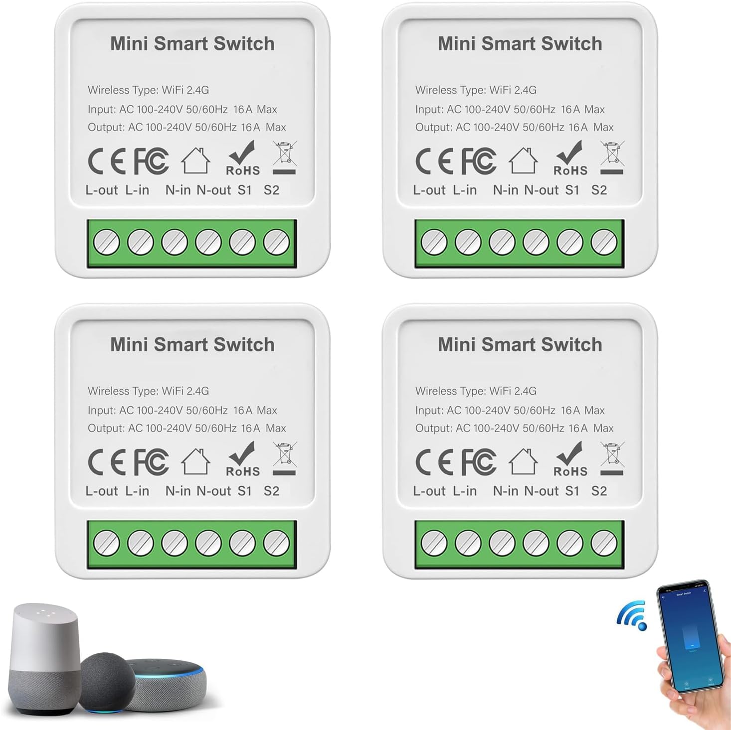 Redare Alexa wifi smart switch module,Mini Smart Relay Switch,16A Universal Breaker Timer Switch Works with Alexa/Google Home Assistant,Voice Control,Timer Function (Tuya 1 Gang, 4 pack)