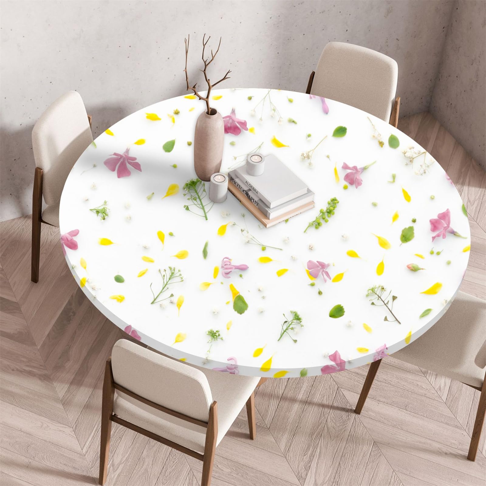 Muiuou Round Tablecloth, Flower Printing Waterproof Wipeable Table Cover Elastic Edge, Reusable Round Table Cover Cloth, Fitted Kitchen Restaurant Home Decoration (Diameter 140cm,Flower 18)