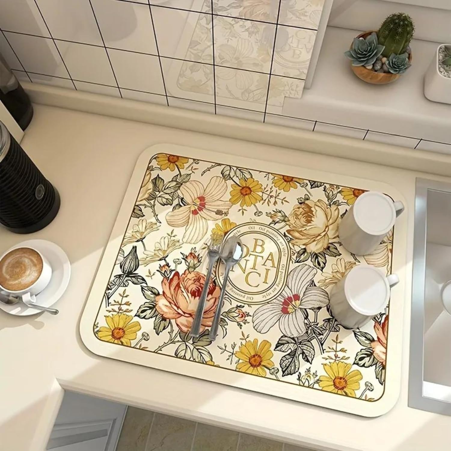 HomeCloud Dish Drying Mat for Kitchen Counter Hide Stain Super Absorbent, Non-Slip, Heat-Resistant, Great for Dishes,Rack Pad, Kitchen Counter, Coffee Maker, Coffee Item (Rose_Botanic, 50x40 cm)