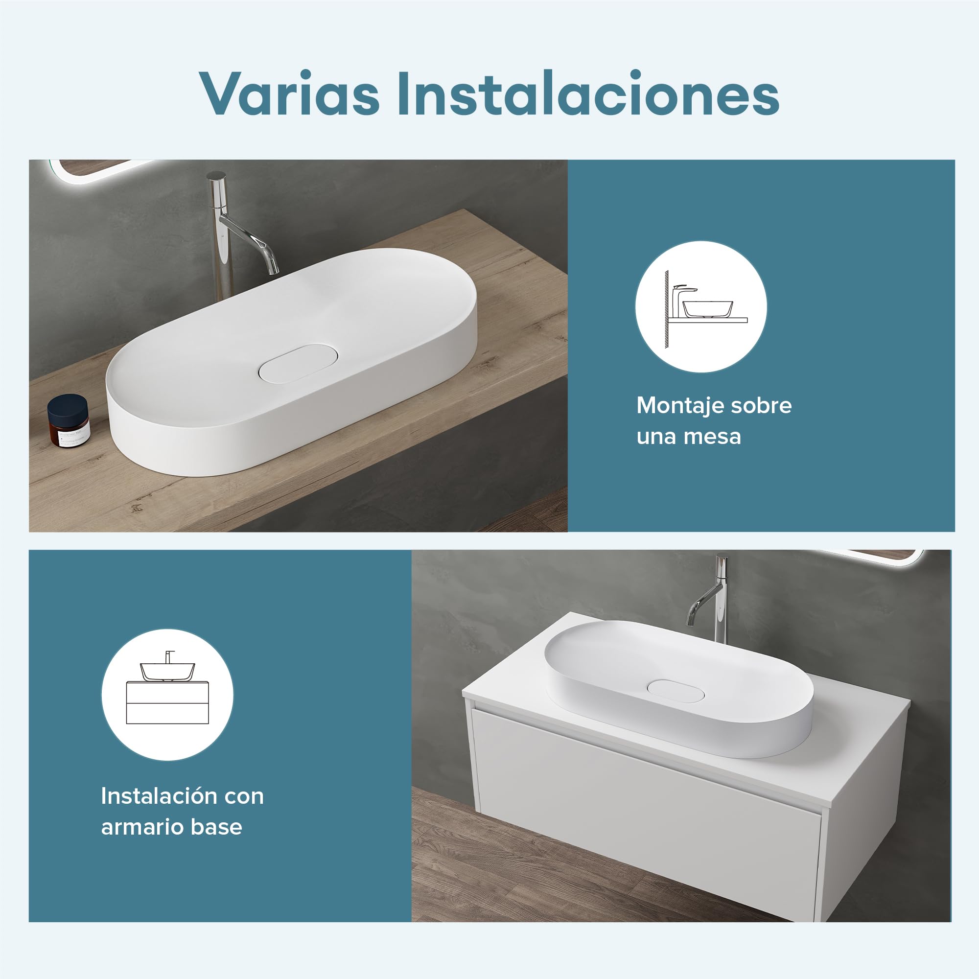 doporro Lavabo sobre Encimera Lavabo Baño | Ovalado | Blanco Mate | Mármol Fundido con Recubrimiento de Nano Fácil de Limpiar | 70x36x10cm | Colossum826