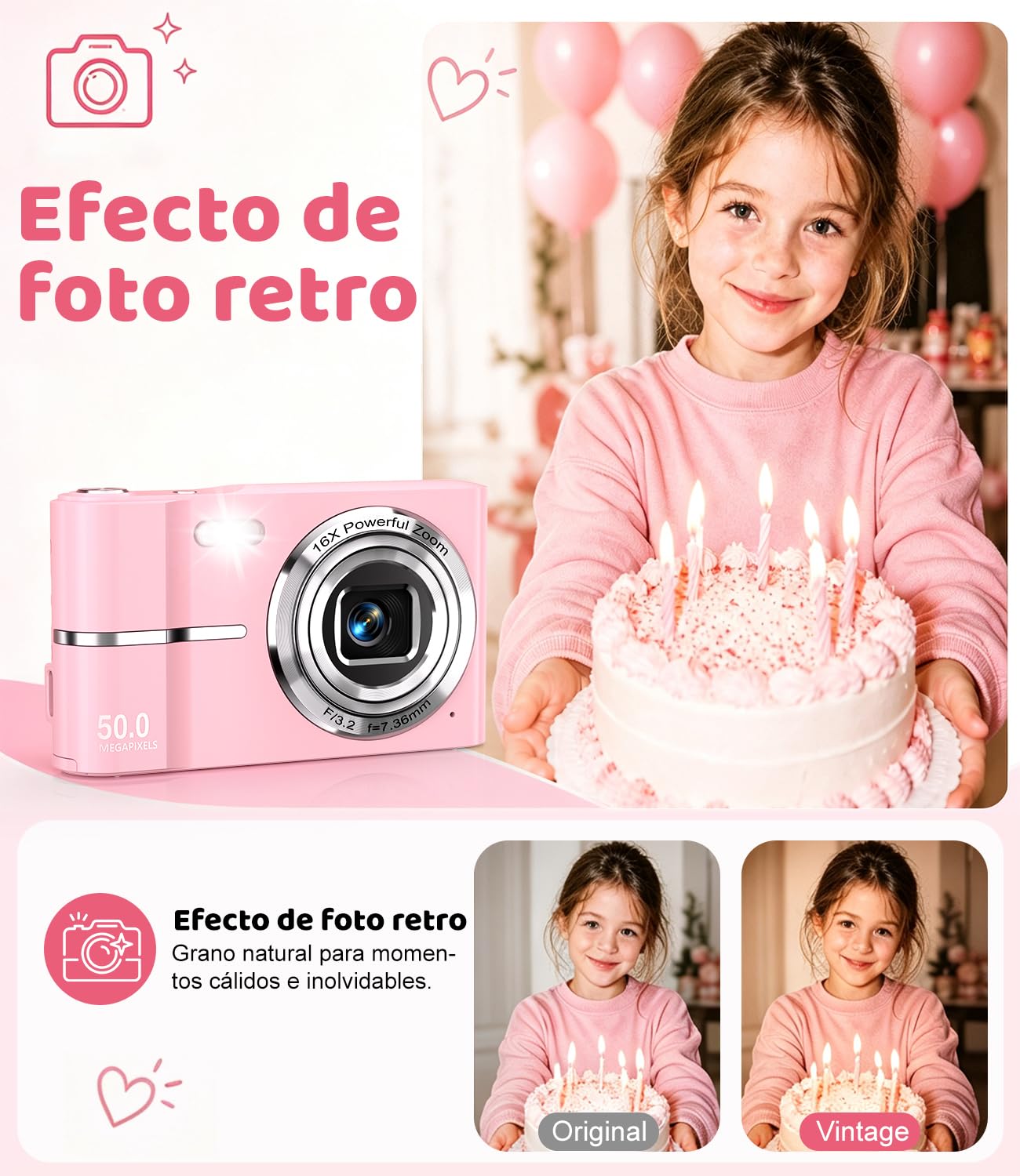 50MP Camara de Fotos Digital Compacta, 1080P FHD Vlogging Cámara Digital con Pantalla 2,4”, Zoom Digital 16X, Antivibración, Minipuerta Adecuado para Niños Estudiantes, Tarjeta de 16 GB(Rosa)