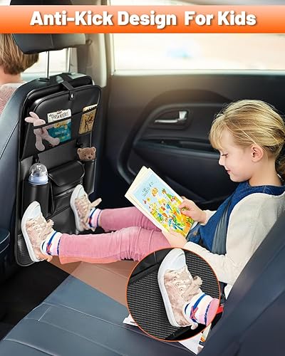 Miniatura 2 de Paquete de 2 organizadores de cuero para asiento trasero de automóvil con bandeja de mesa plegable, gancho para bolsa de basura, alfombrillas