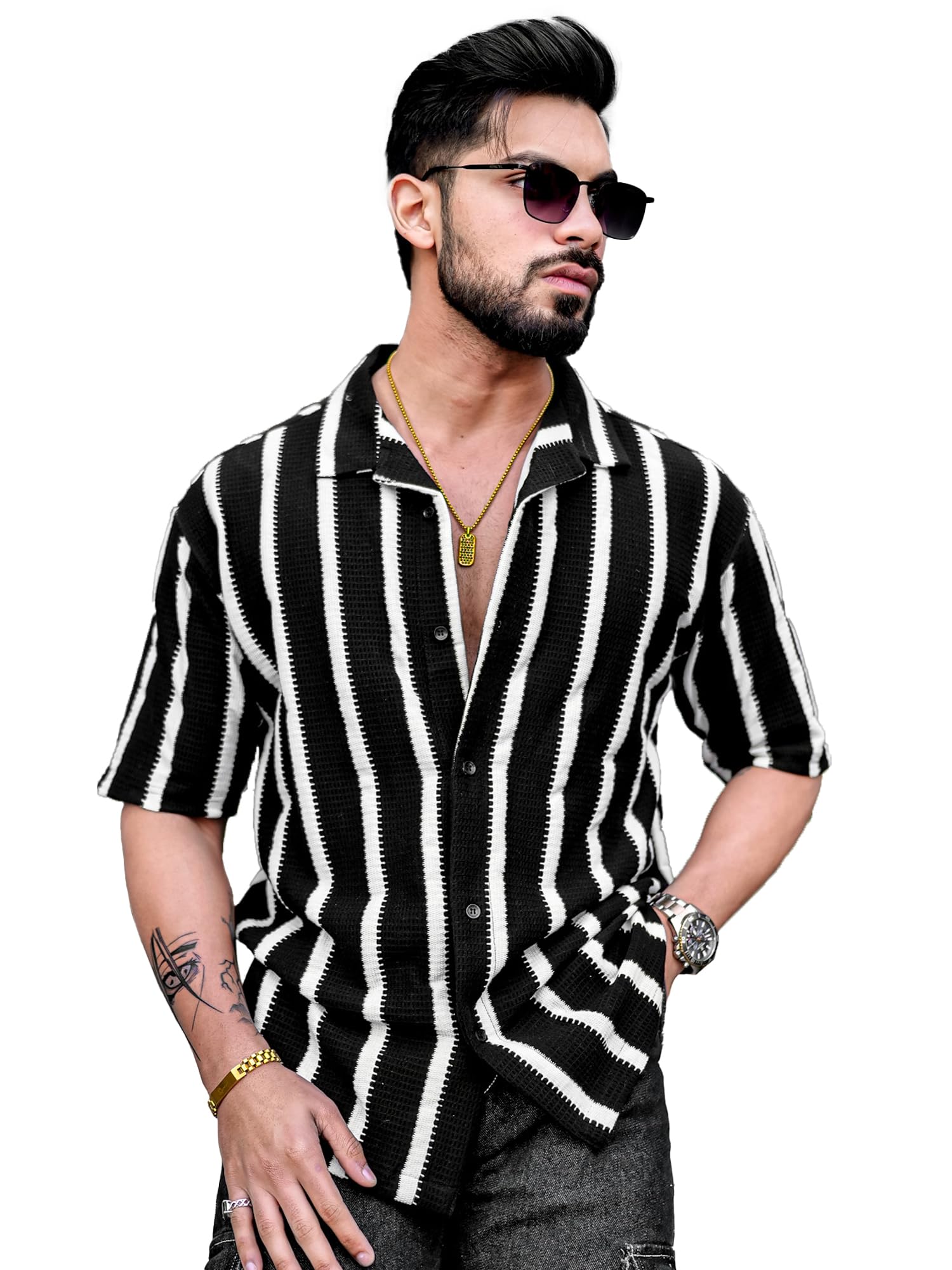 Maniac|| Mens || Striped || Collared Neck || Half Sleeve || Popcorn Knitted || Shirt