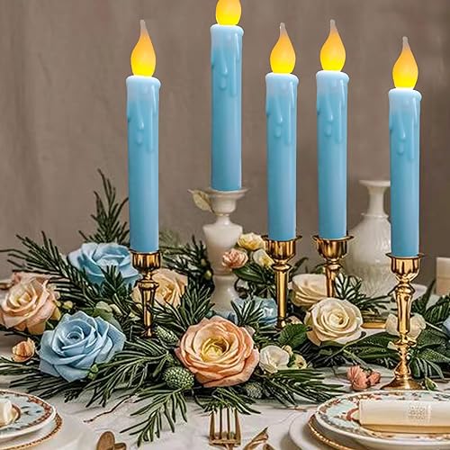 Miniatura 8 de LINCOUNTRY. Velas cónicas de cera primitiva, color azul, funcionan con pilas, parpadeantes, sin llama, con temporizador, luces LED goteadas de 6.75