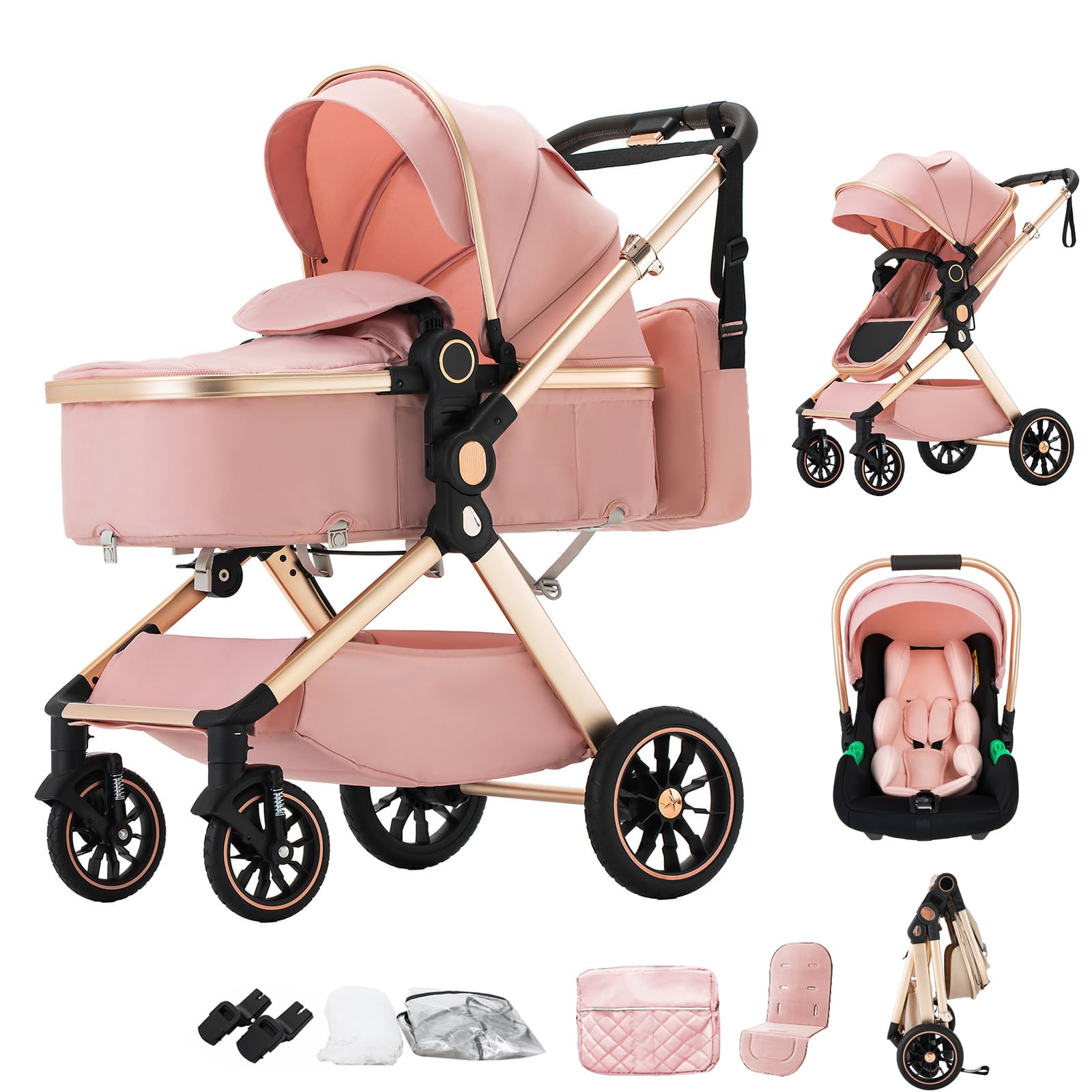 Poussette 3 en 1 combinée résolvant le manque d'espace grâce à son pliage compact rose - 7