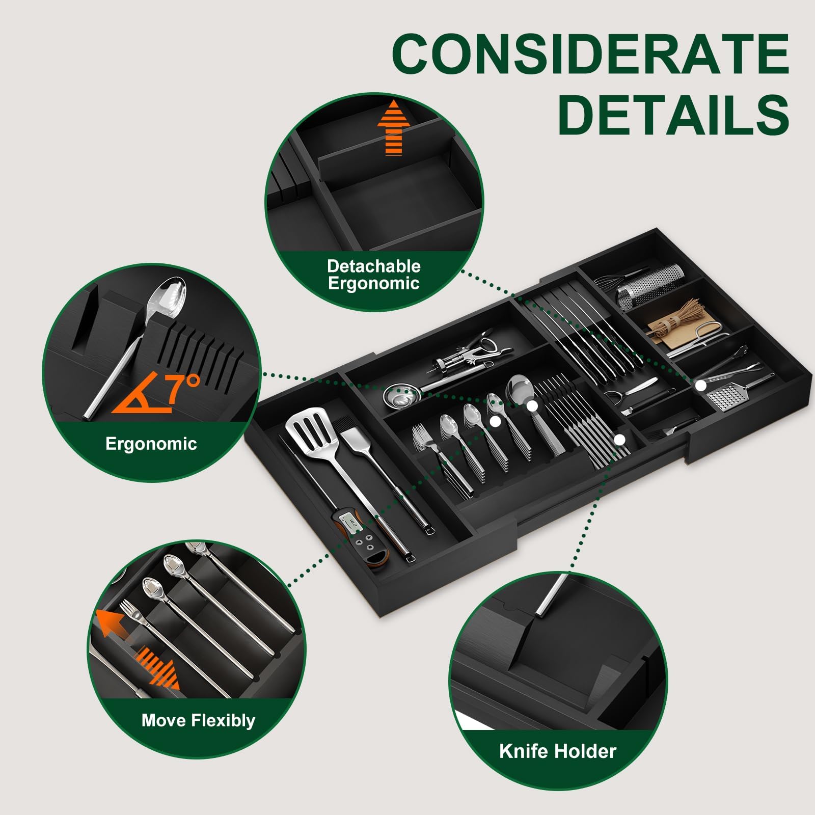 Organizador grande de cajones de utensilios, organizadores de cubiertos de bambú expandibles para cajones de cocina, organizador de cajones multiusos con bandeja ajustable para cuchillos de