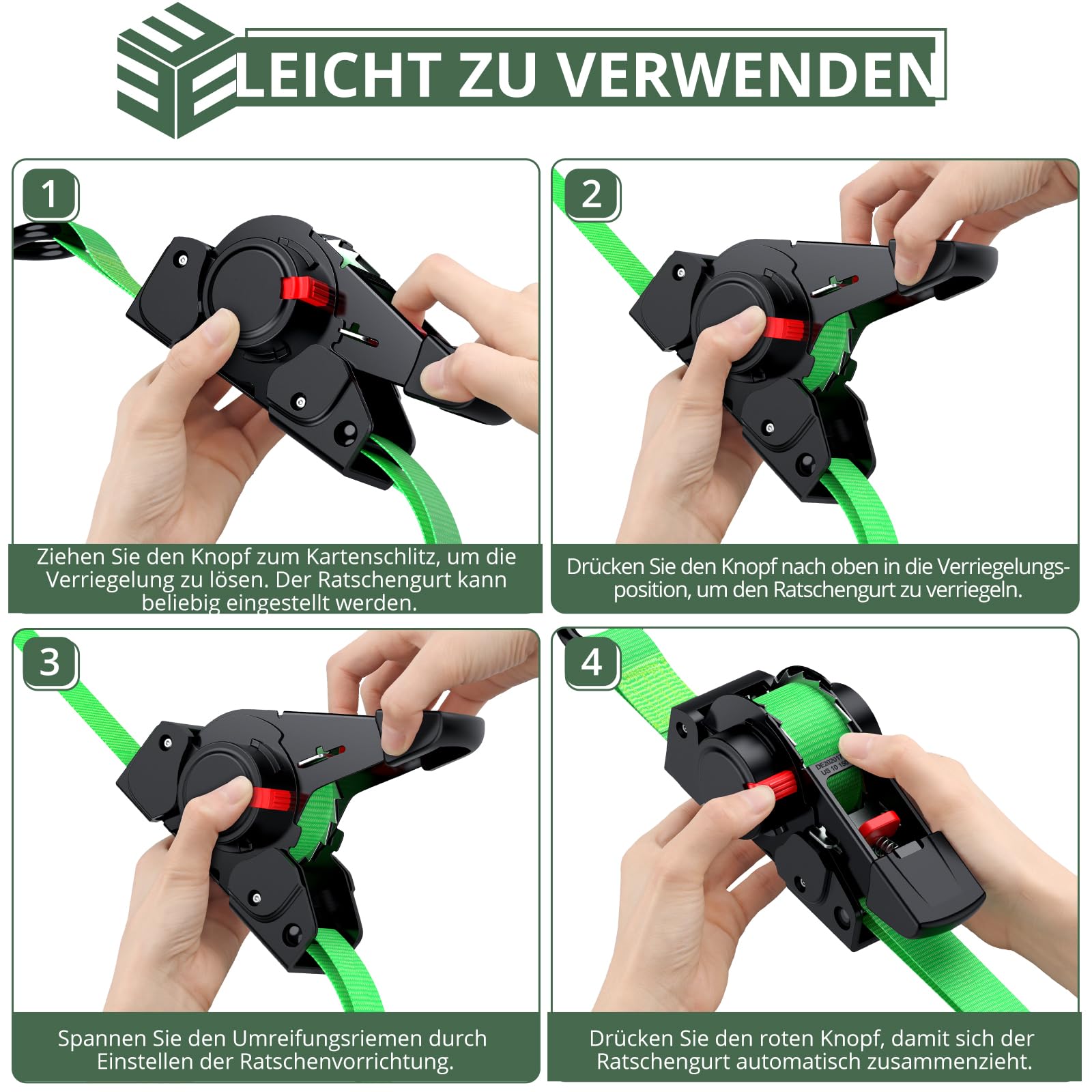 EYPINS 4X Automatik Spanngurt 3,5m 25mm mit S Haken 320kg/640kg, Verstellbare Ratschengurte, Selbstaufrollend Spanngurt mit Ratsche Spanngurtwickler mit 4x Zurrschlaufen 30cm für Pkw Anhänger Motorrad