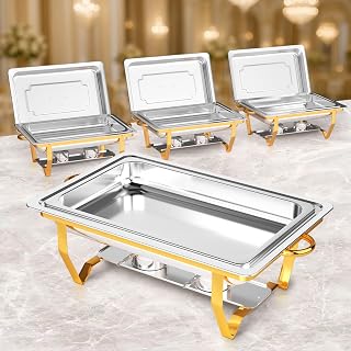 Chafing Dish Buffet Set 4 Pack, 9QT Stainless Steel Chafers and Buffet Warmers with Full-Size Pans, Elegant Gold & Silver Finish, Catering Equipment for Weddings, Parties, Banquets, Events