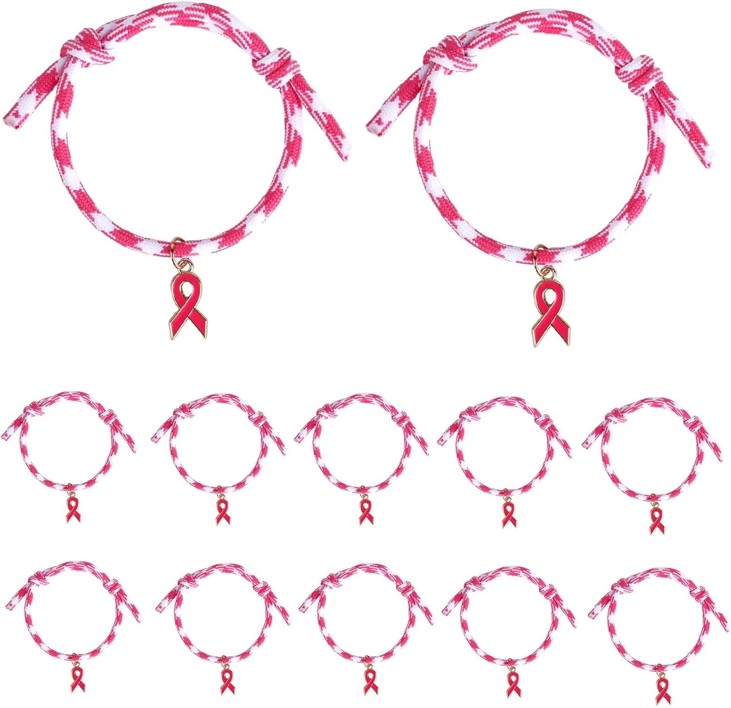 12 Pcs Breast Cancer Awareness Accessories Bracelets, Pink Ribbon Bracelets for Women, Pink Ribbon Handwoven Encourage Gifts for Cancer Fighters Survivor, Charity Public Activity Supplies