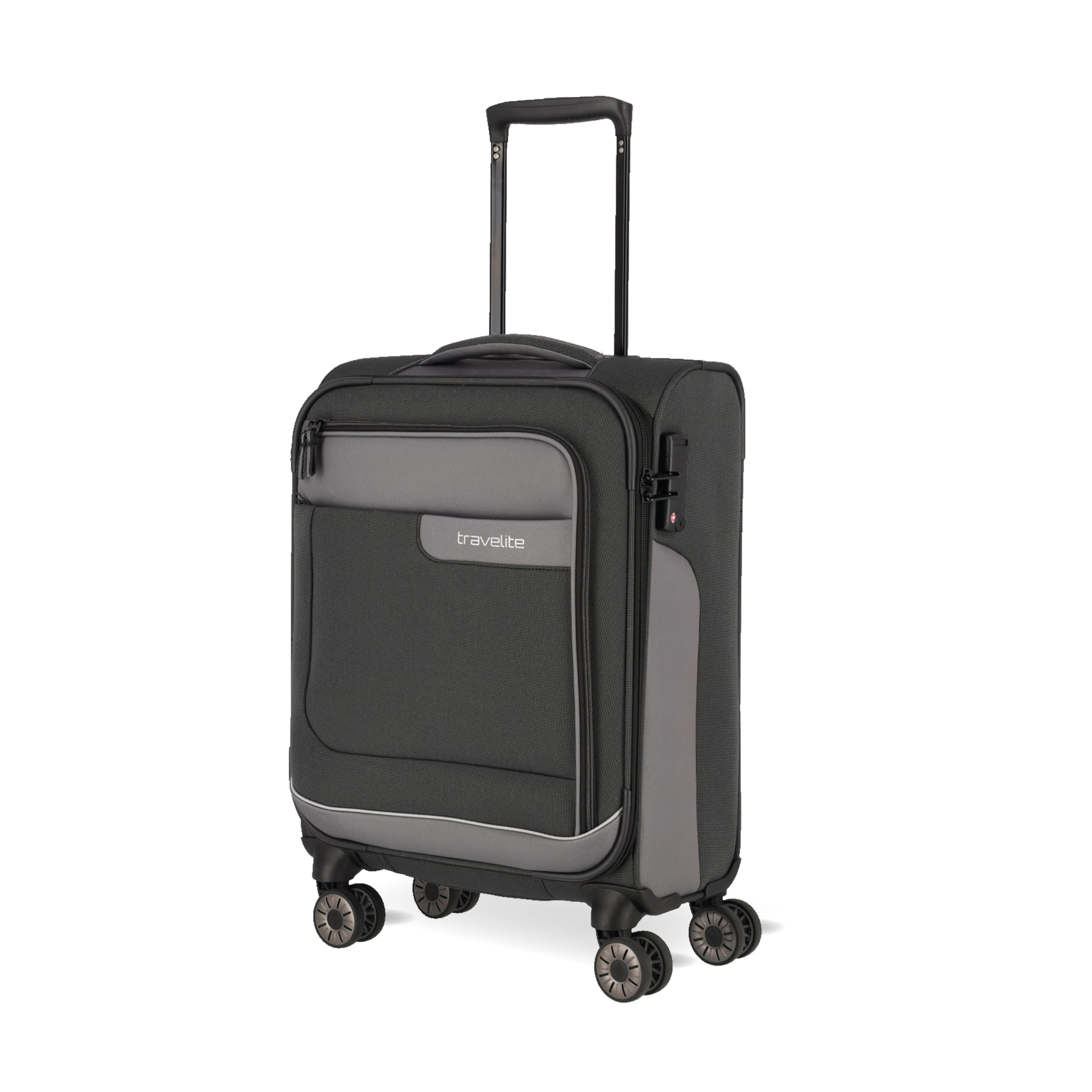 Travelite 4-Rad Koffer Handgepäck Weichschale aus recyceltem Material, erfüllt IATA Norm, Gepäck Serie VIIA: Trolley mit Aufsteckfunktion + Kantenschutz, 55 cm, 34 Liter