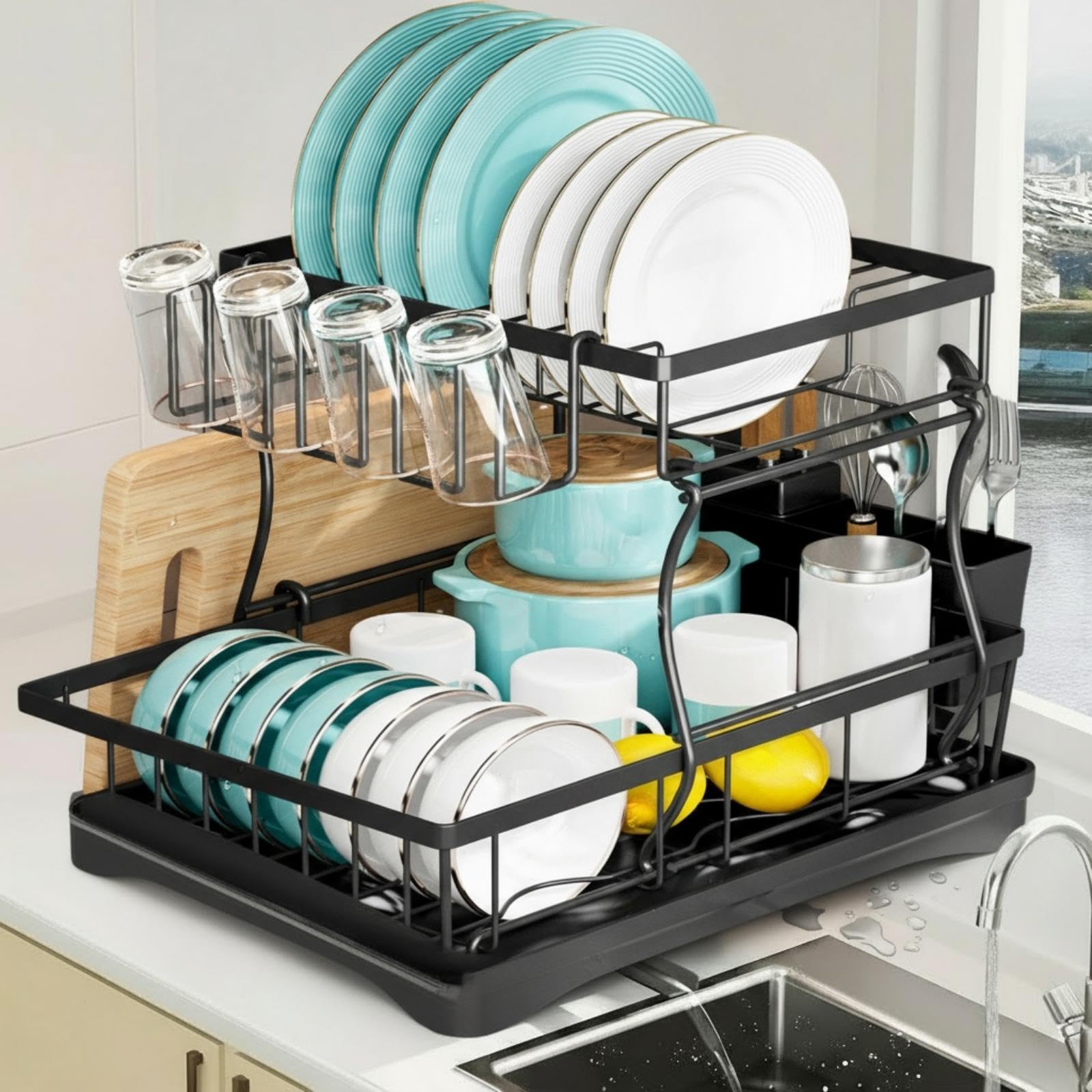 Escurridor de platos, dos capas de gran capacidad desmontable, con una bandeja de goteo, con una salida de drenaje giratoria, estante de secado de botellas, soporte para tabla de cortar y soporte para